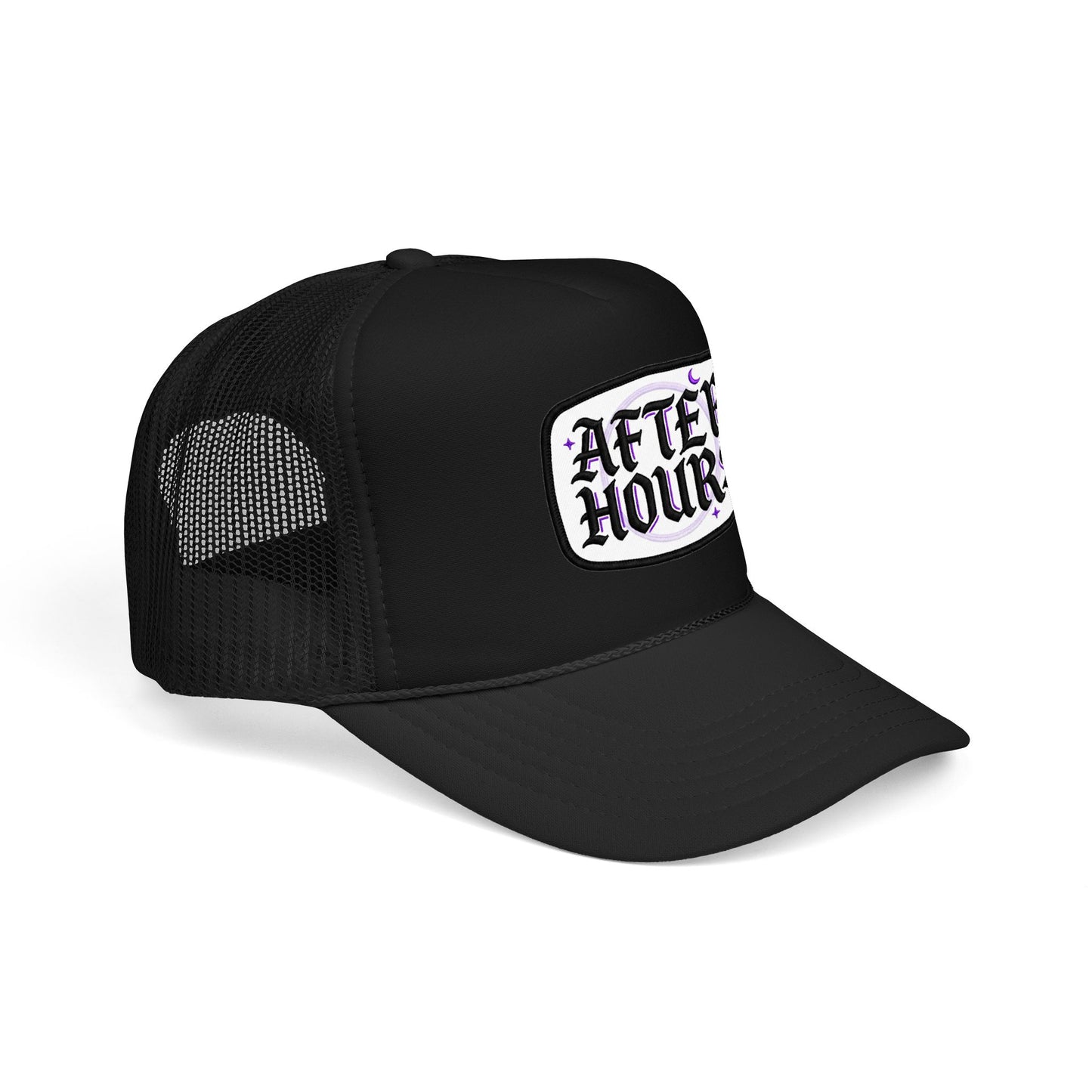 After Hours Foam Trucker Hat – Retro Gothic Embroidered Patch Cap