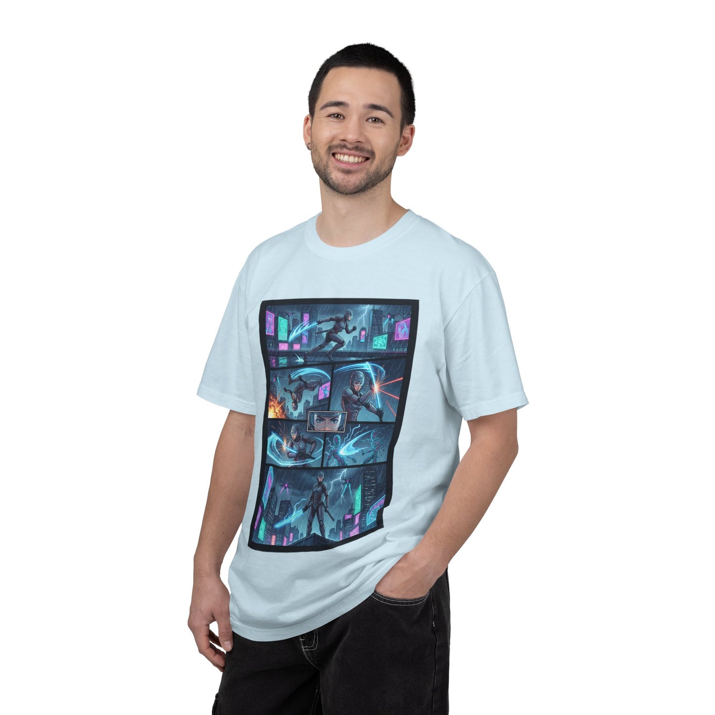Cyberpunk Girl Samurai T-Shirt — Neon Manga Panel Graphic Tee