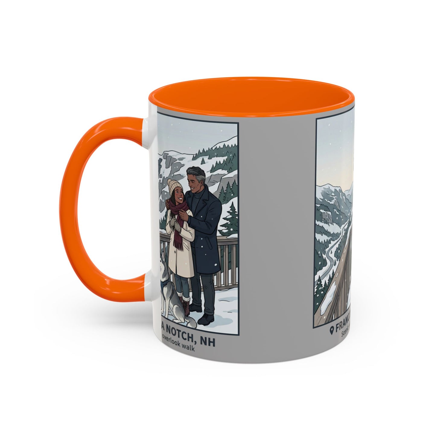 Franconia Notch Scenic Winter Mug — Couples & Dog Snowy Overlook Coffee Cup (11/15oz)