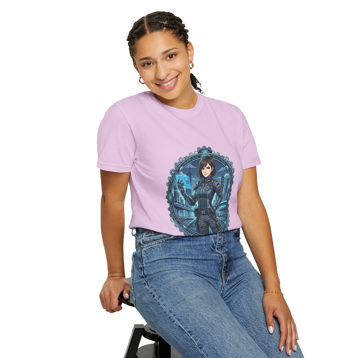 Cyber Ninja Graphic T-Shirt — Futuristic Female Warrior Illustration