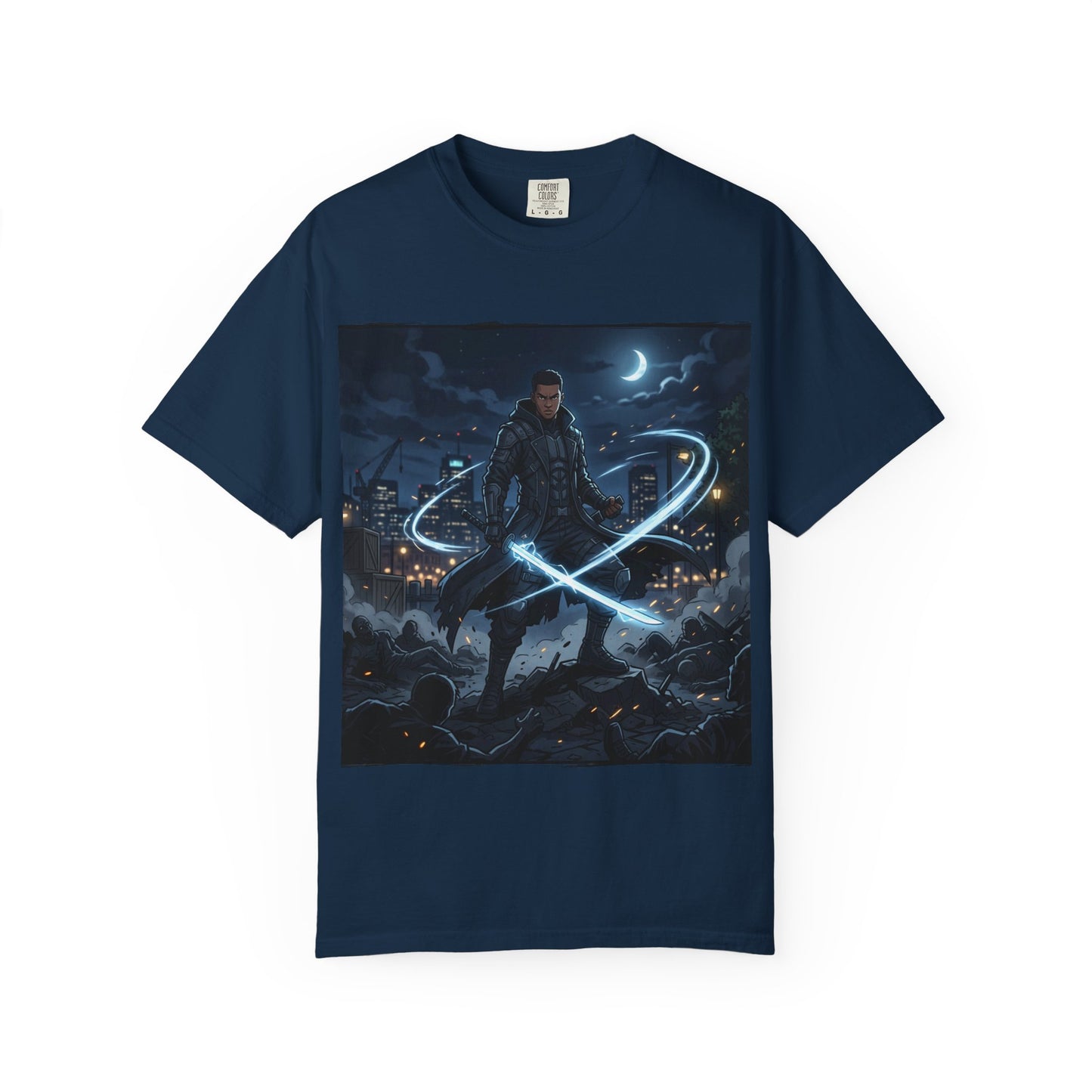 Urban Night Warrior T-Shirt — Neon Samurai Cityscape