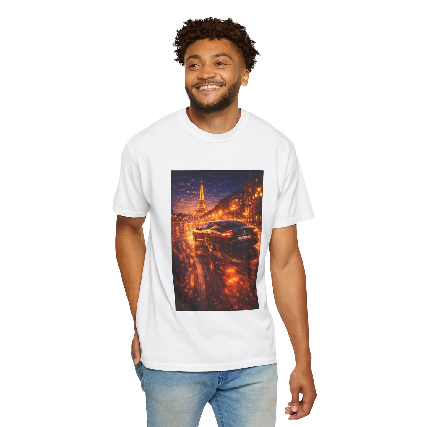 Paris Night Drive T-Shirt — Sports Car in Rainy Cityscape