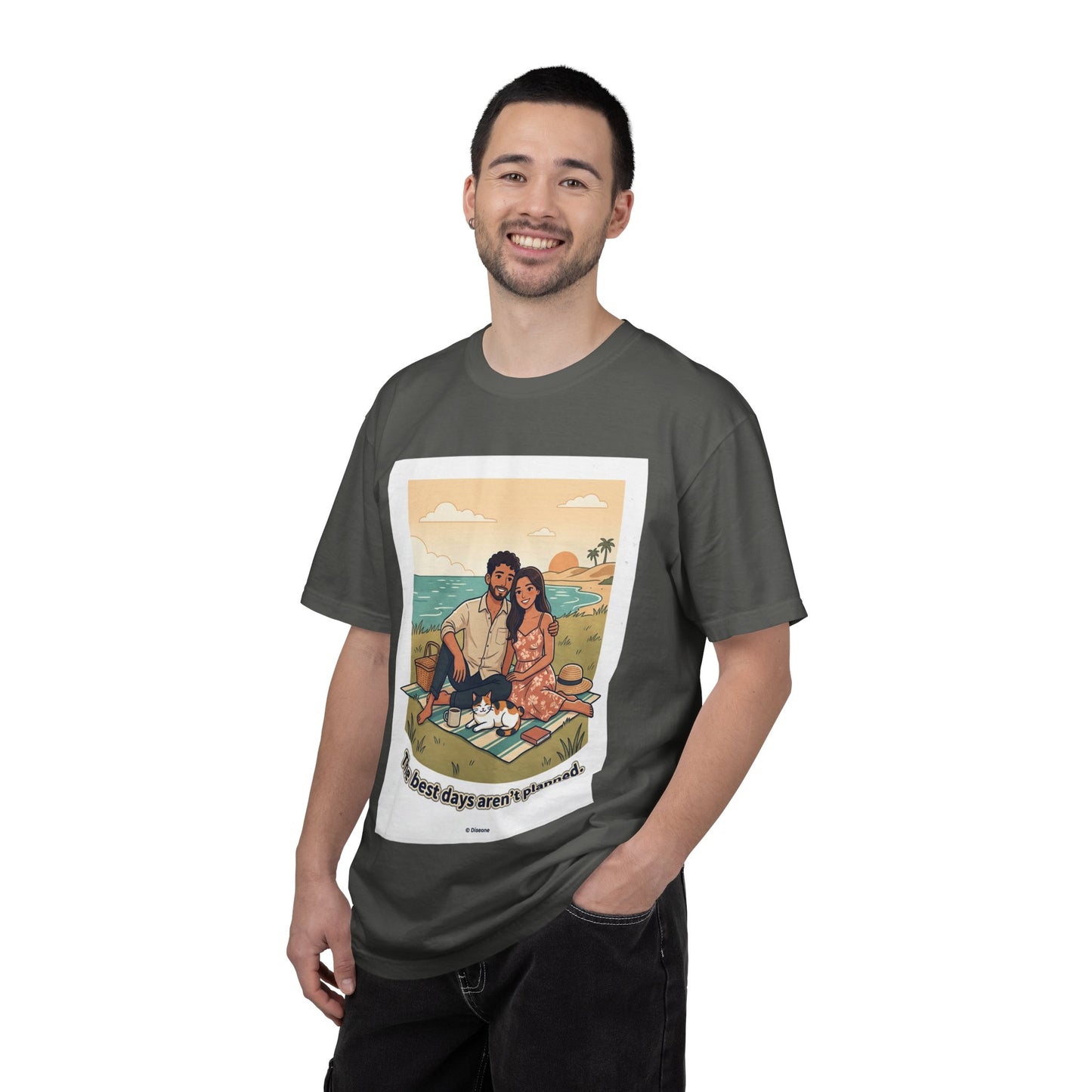 Beach Picnic Couple T‑Shirt — “The best days aren’t planned.” Relaxed Vacation Tee