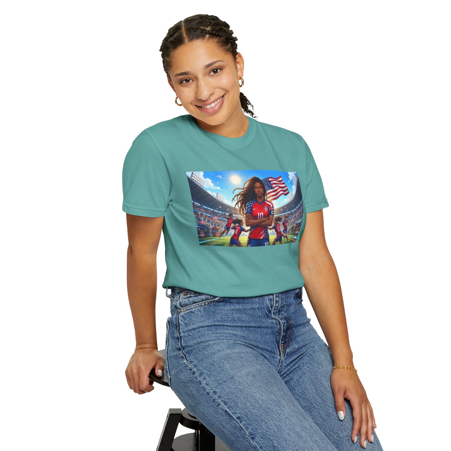 Soccer Mom USA T-Shirt — Female Soccer Player with American Flag Stadium Graphic