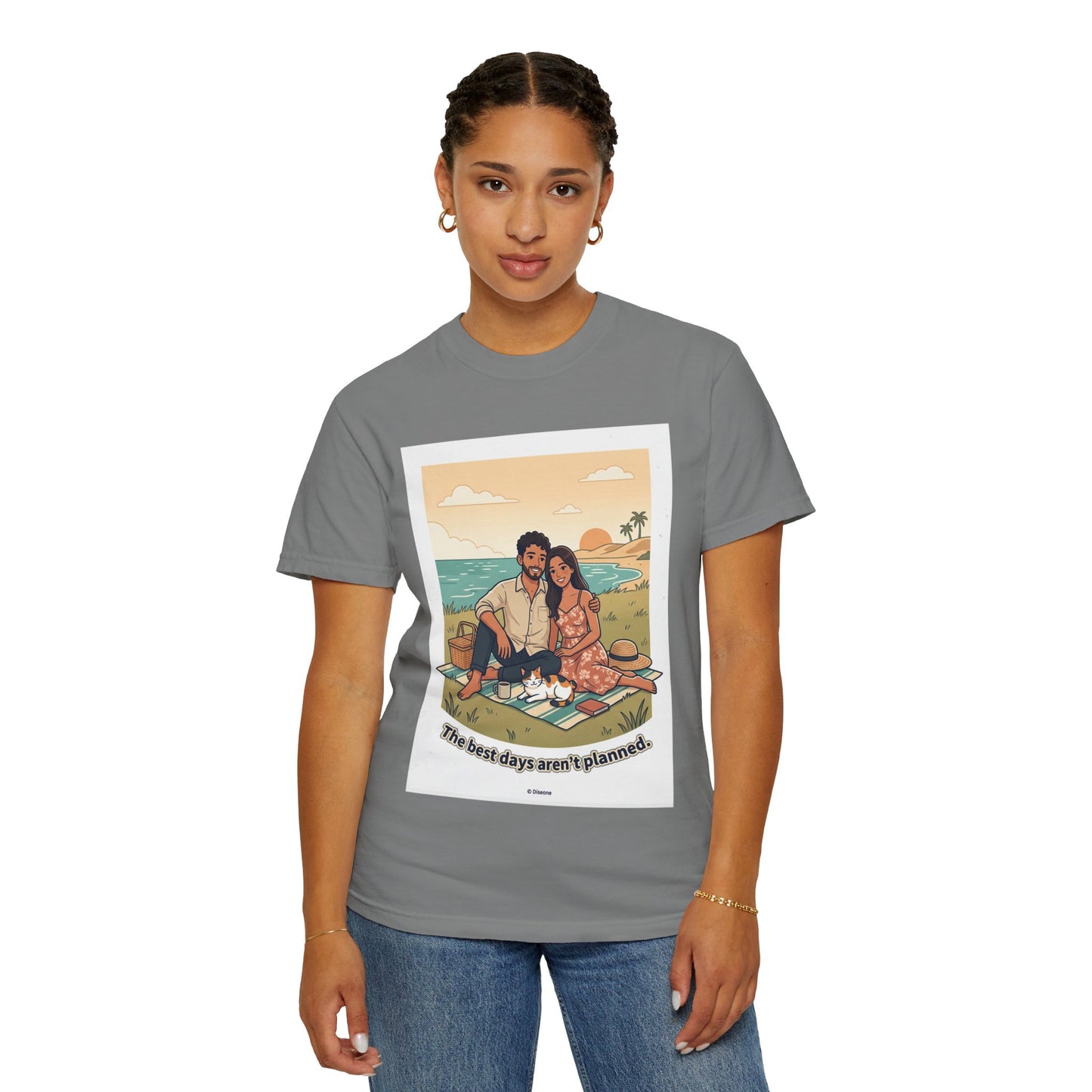 Beach Picnic Couple T‑Shirt — “The best days aren’t planned.” Relaxed Vacation Tee