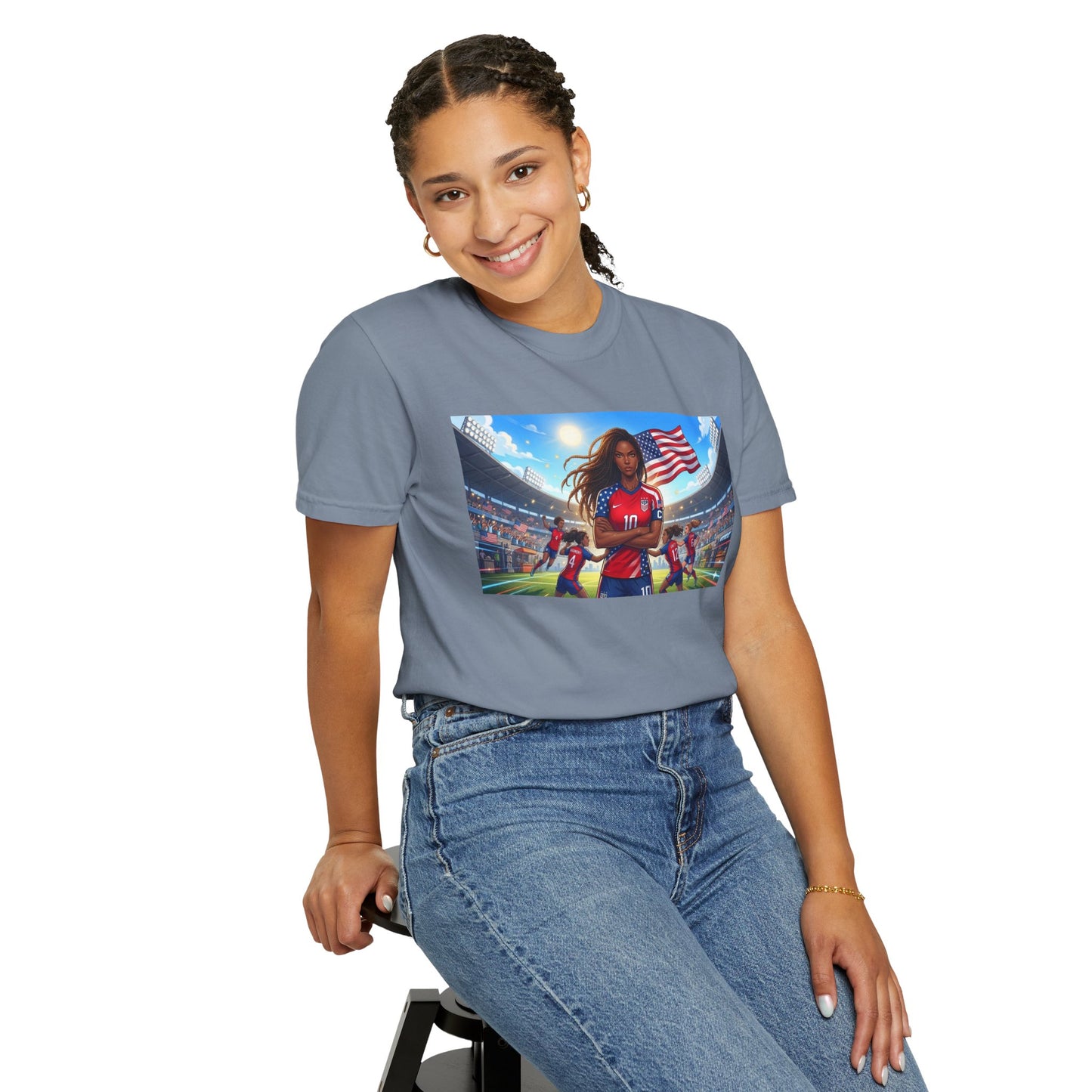 Soccer Mom USA T-Shirt — Female Soccer Player with American Flag Stadium Graphic