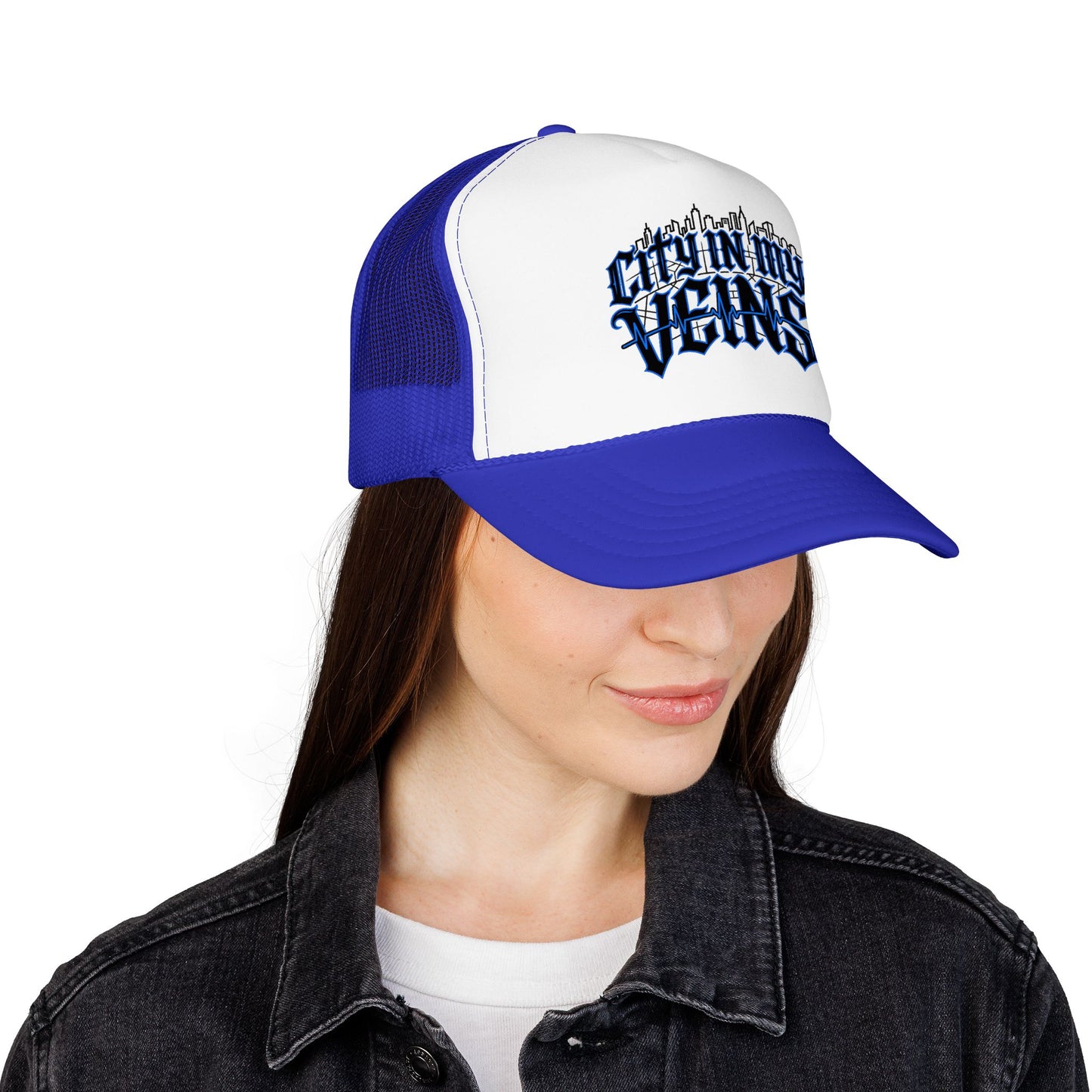 City In My Veins Foam Trucker Hat — Urban Gothic Blue Embroidered Cap