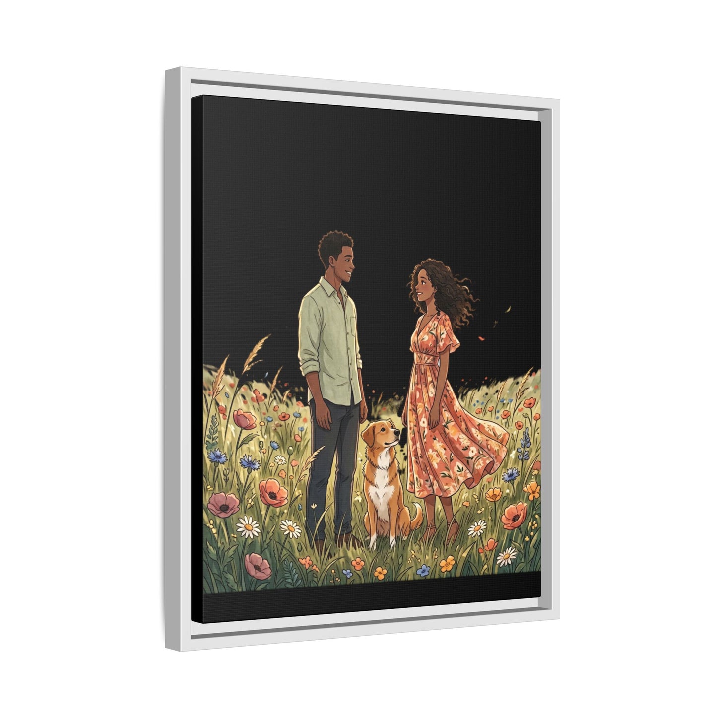 Framed Matte Canvas Print — Romantic Couple in Wildflower Field (Multi‑Color)