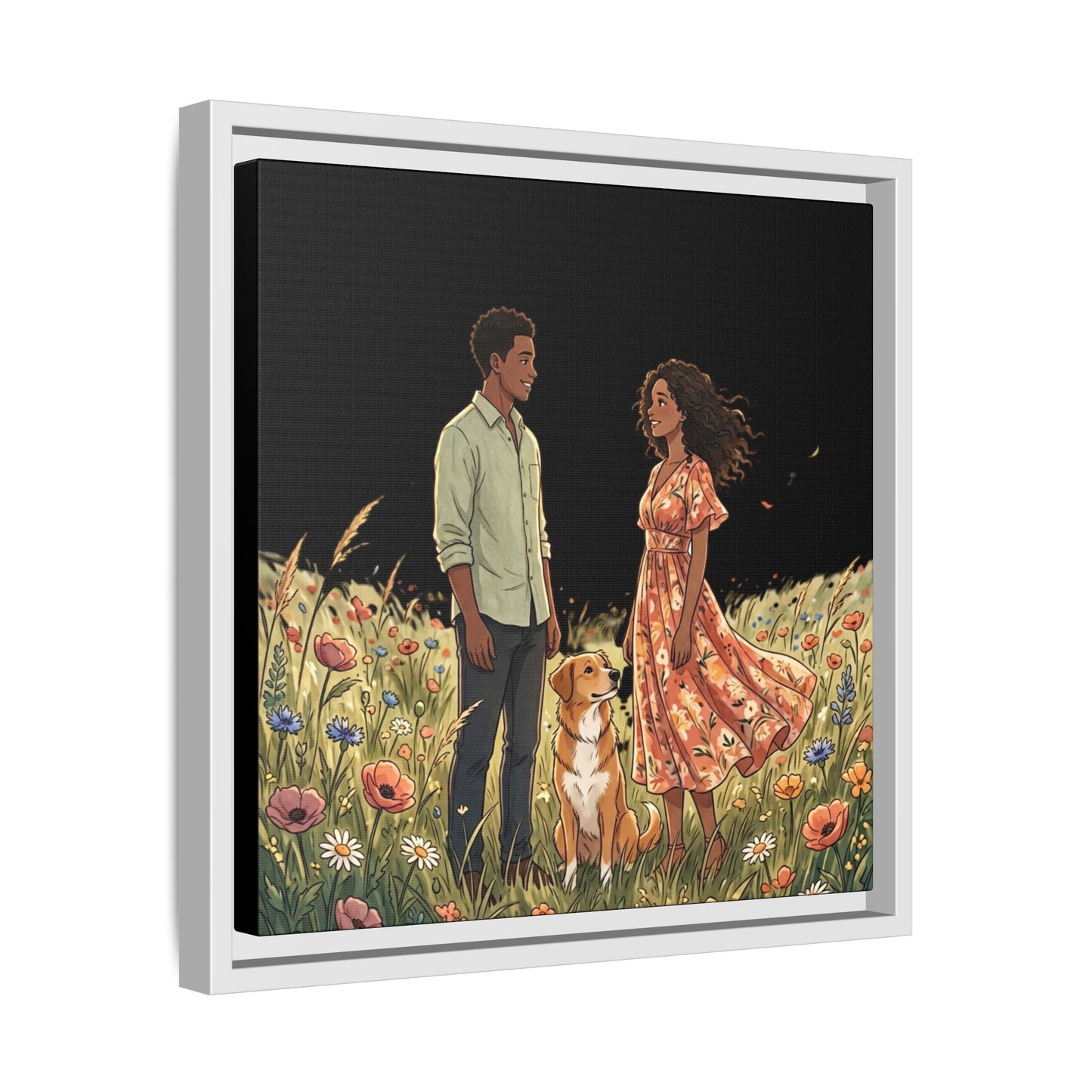 Framed Matte Canvas Print — Romantic Couple in Wildflower Field (Multi‑Color)