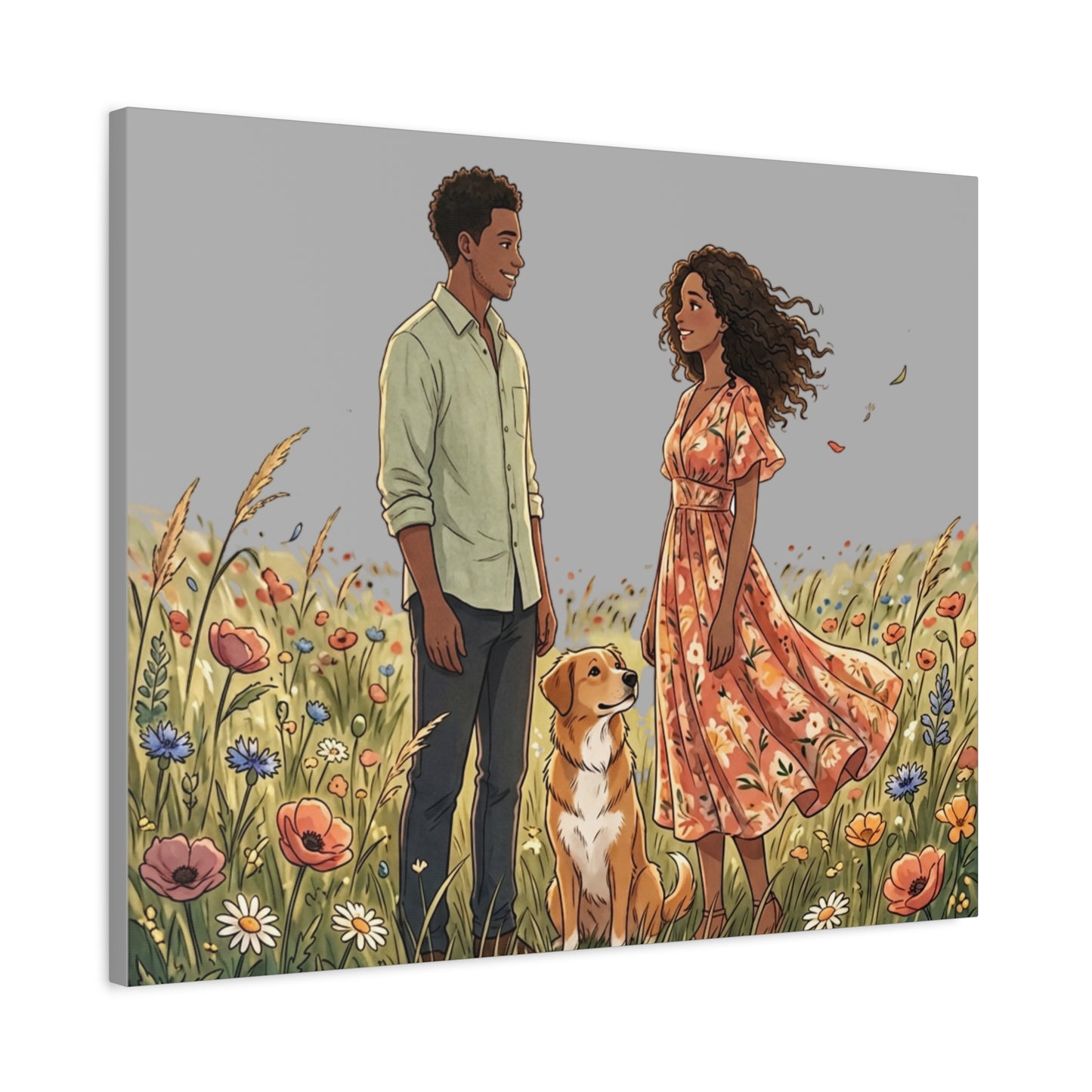 Romantic Couple in Wildflower Field Canvas Art — Black Love Wall Decor with Dog