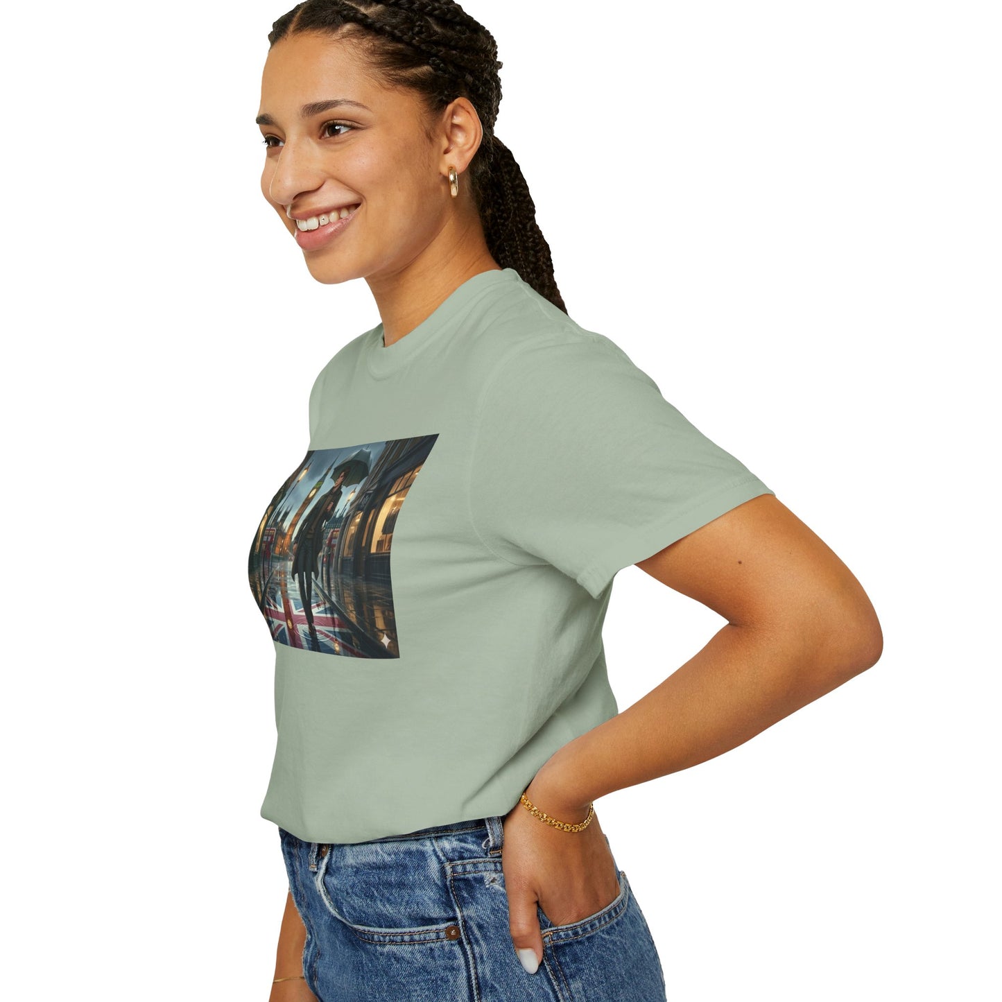 T-Shirt — Rainy London Street Scene Graphic Tee (Big Ben, Umbrella, Night Cityscape)
