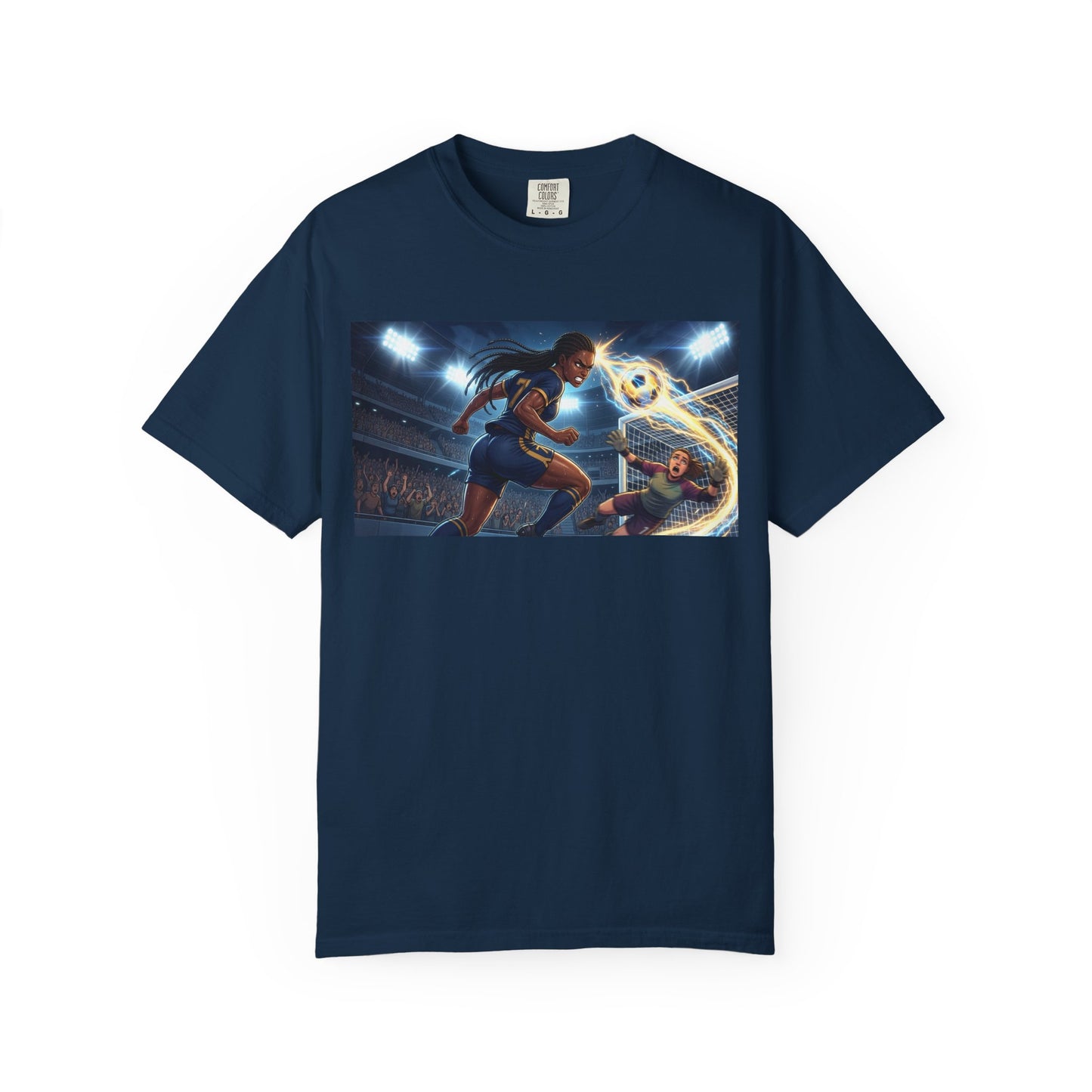 Soccer Duel Graphic T-Shirt — Futuristic Goalkeeper vs Striker Stadium Print