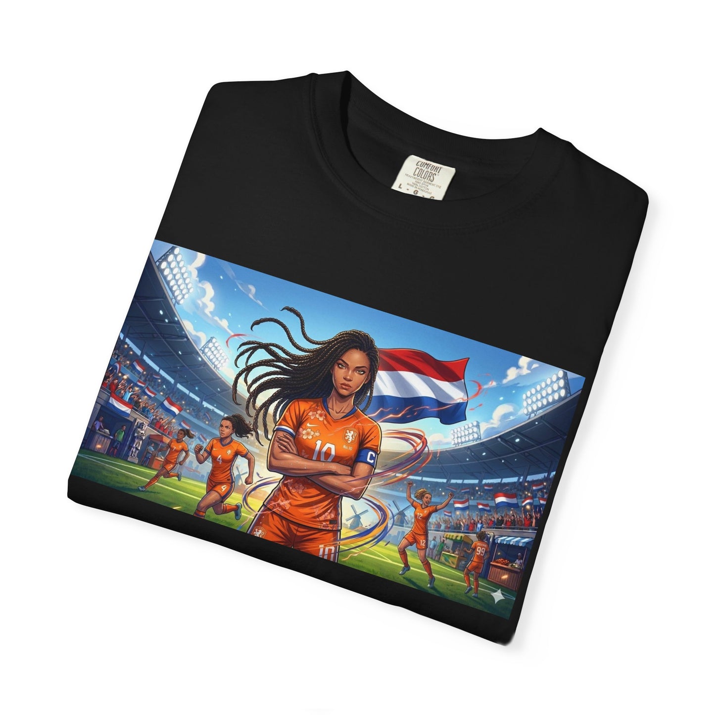 Soccer Warrior T-Shirt — Netherlands Female Captain with Flag Stadium Graphic