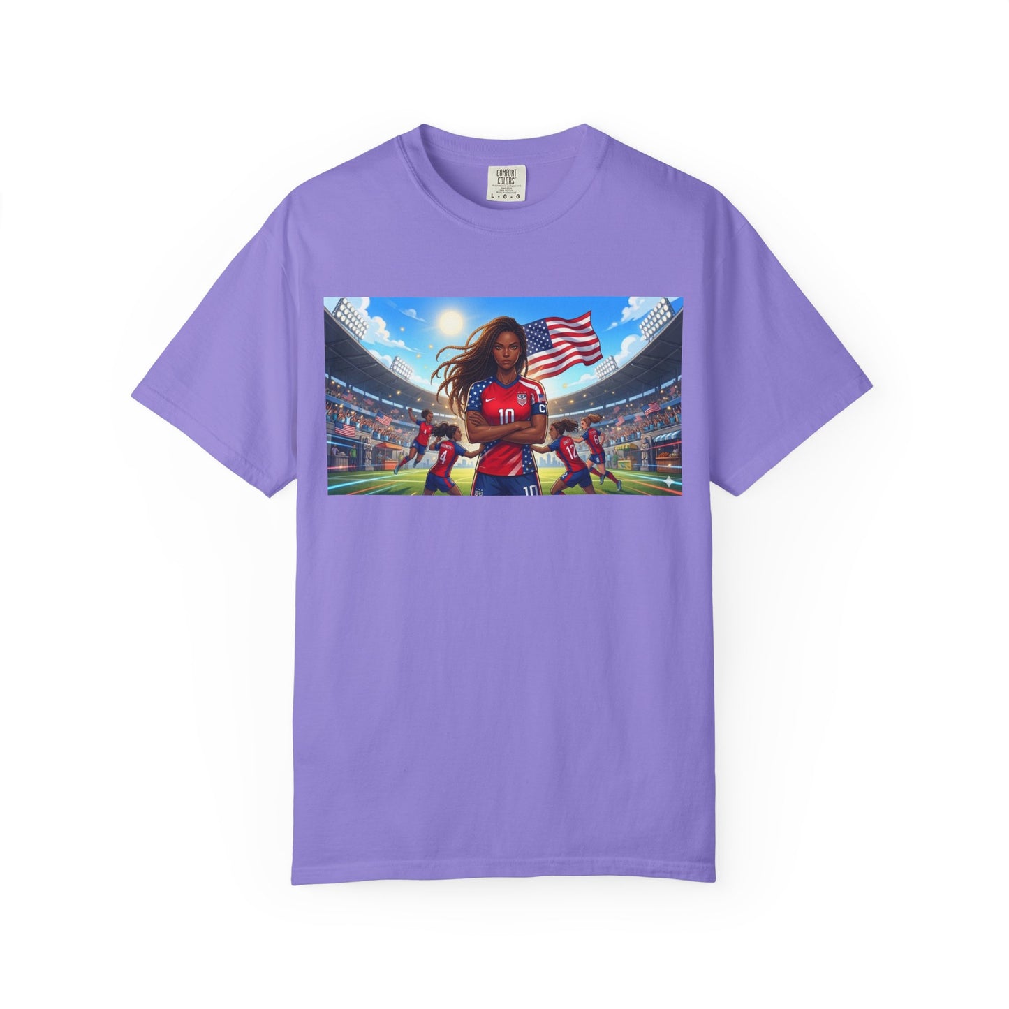 Soccer Mom USA T-Shirt — Female Soccer Player with American Flag Stadium Graphic