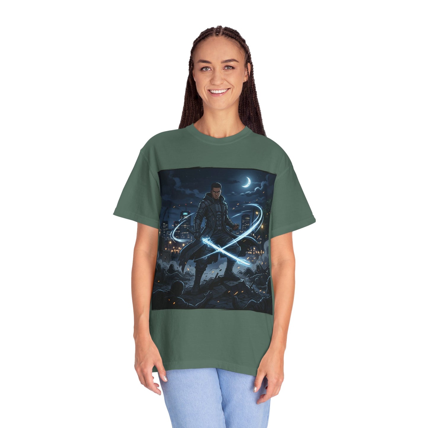 Urban Night Warrior T-Shirt — Neon Samurai Cityscape