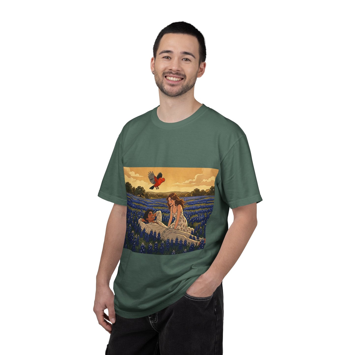 Romantic Bluebonnet Field T-Shirt — Couple in Wildflower Meadow Art Tee