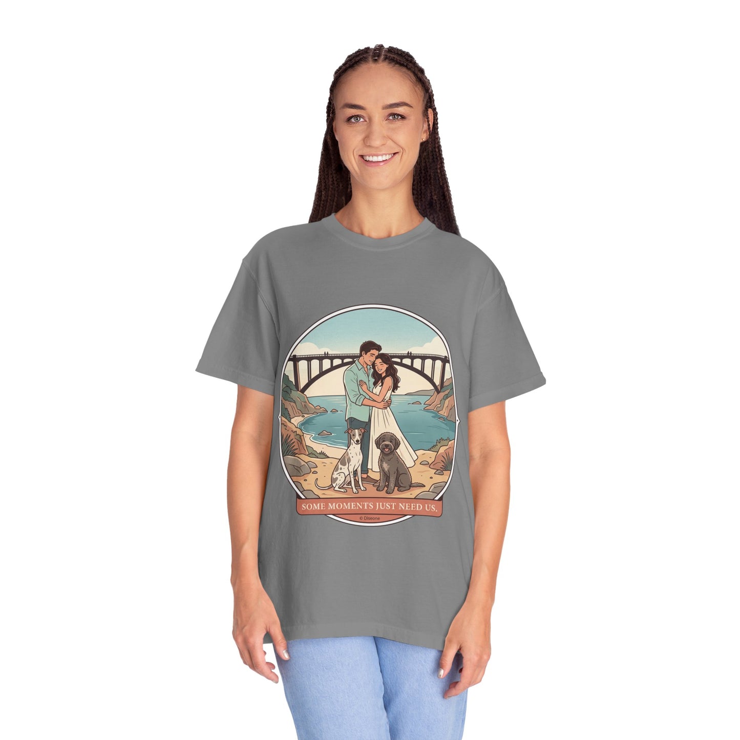 T-Shirt — Romantic Coastal Couples Tee “Some Moments Are Forever” with Dogs