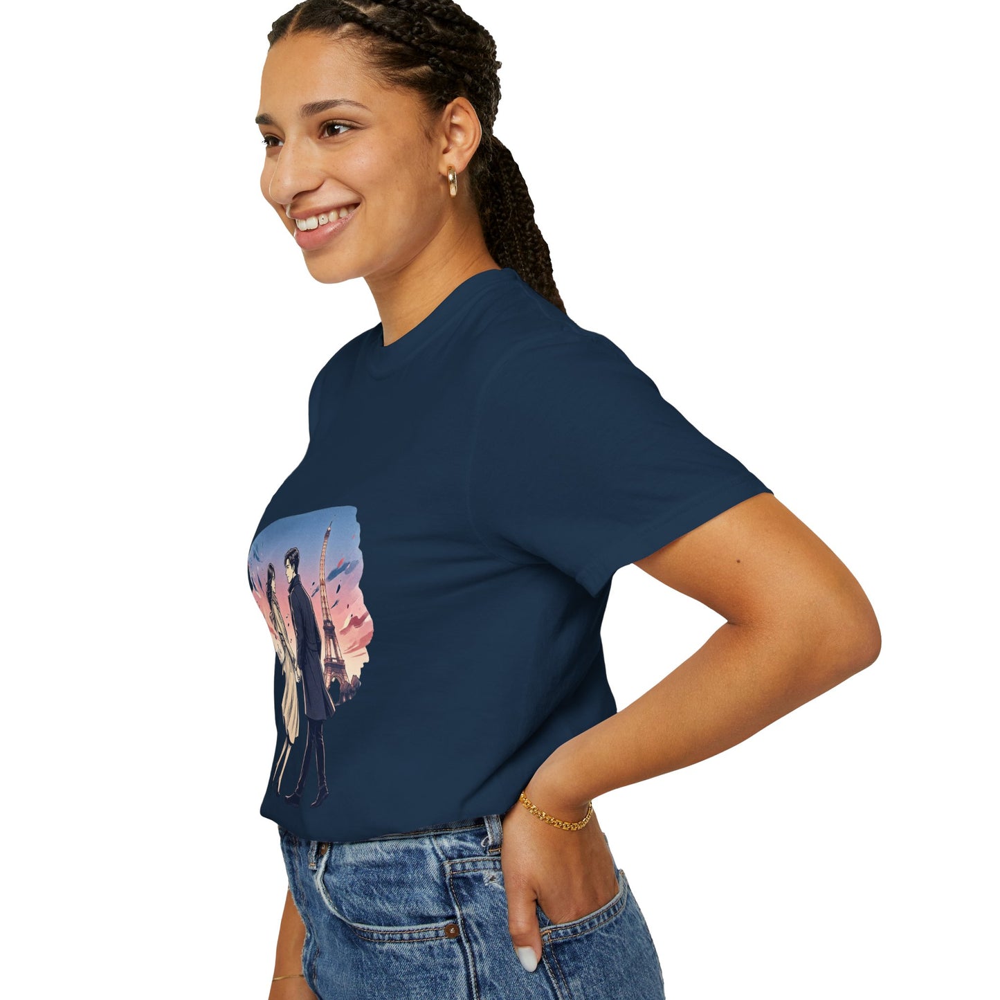 Paris Sunset Romance T-Shirt — Couple Walking by Eiffel Tower Graphic Tee