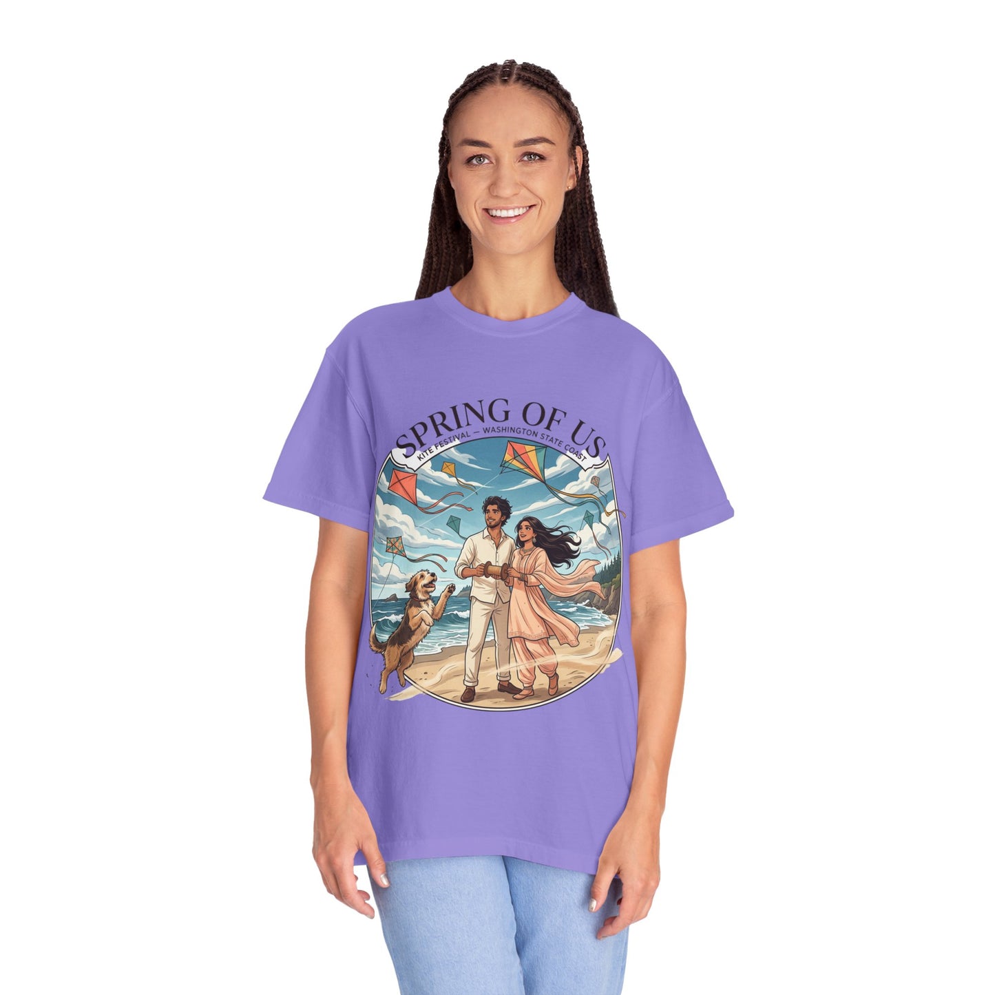Spring of Us T-Shirt — Romantic Beach Couple Illustration with Dog