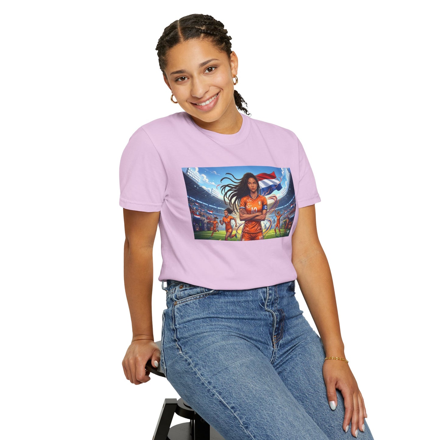 Soccer Warrior T-Shirt — Netherlands Female Captain with Flag Stadium Graphic