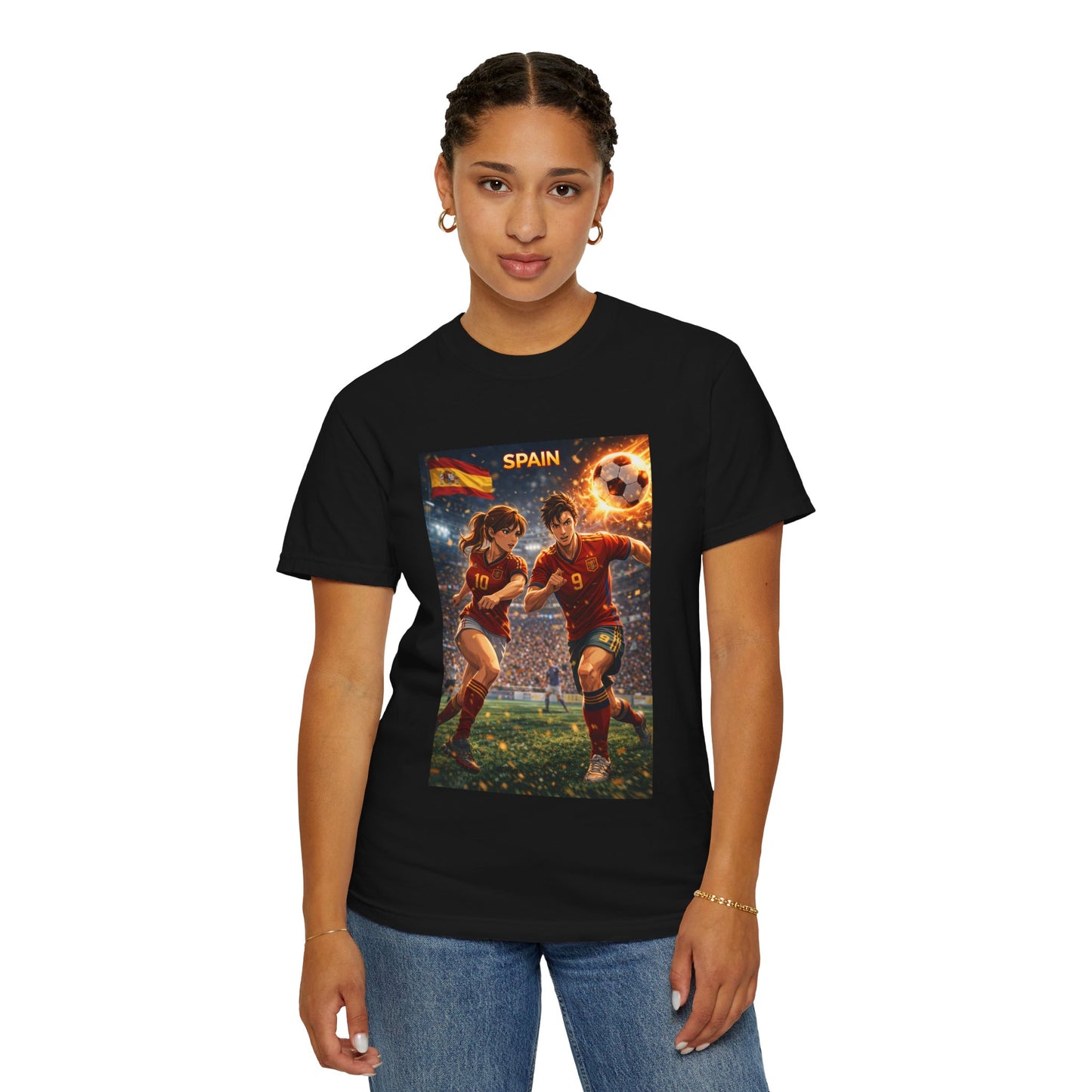 Spain Soccer Graphic T-Shirt — Retro Match Scene with Flag
