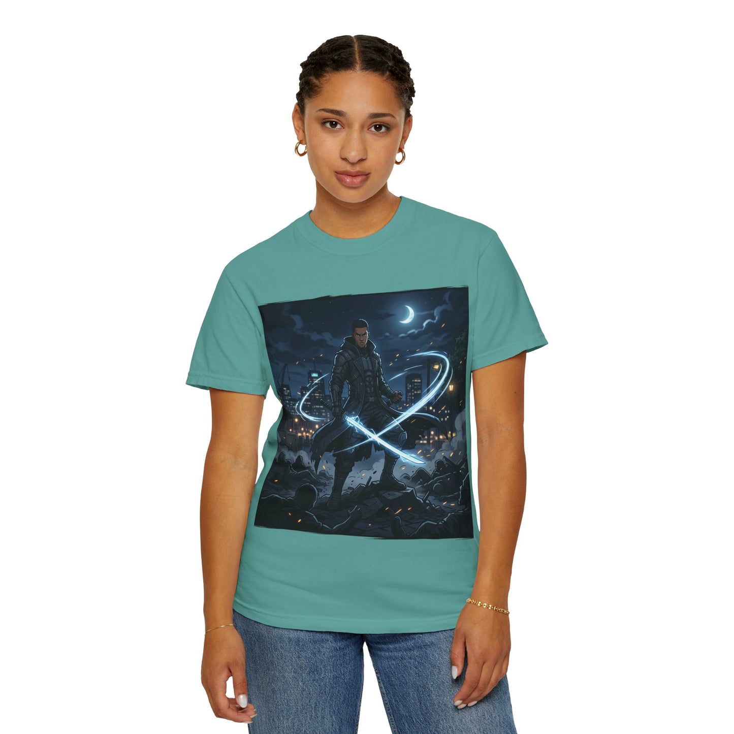 Urban Night Warrior T-Shirt — Neon Samurai Cityscape