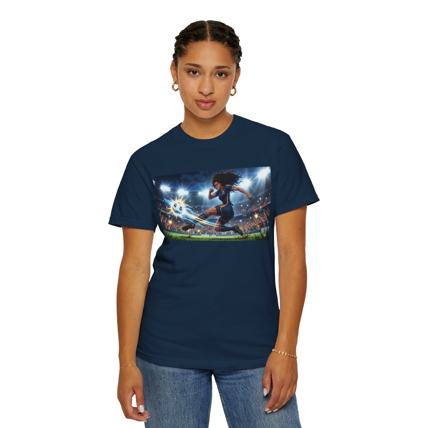 Soccer Kick Graphic T-Shirt — Energetic Stadium Football Design