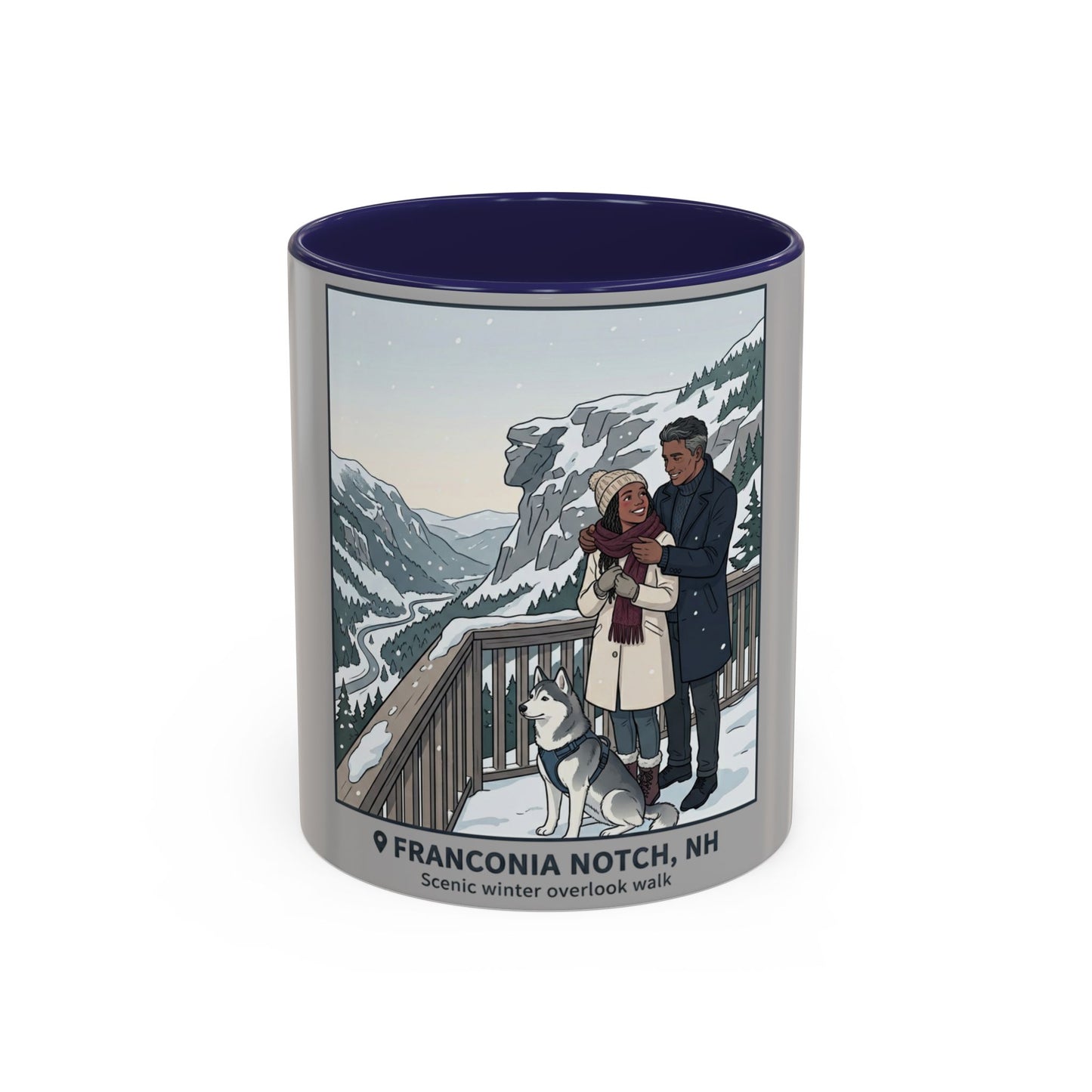 Franconia Notch Scenic Winter Mug — Couples & Dog Snowy Overlook Coffee Cup (11/15oz)