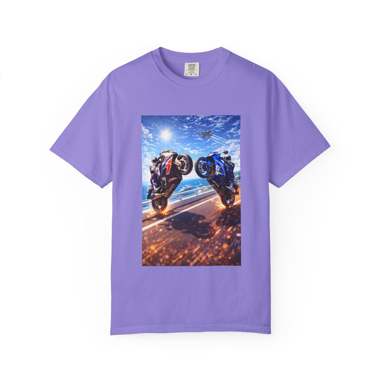 Stunt Riders Motorcycle T-Shirt — Two Bike Wheelie Racing Graphic Tee