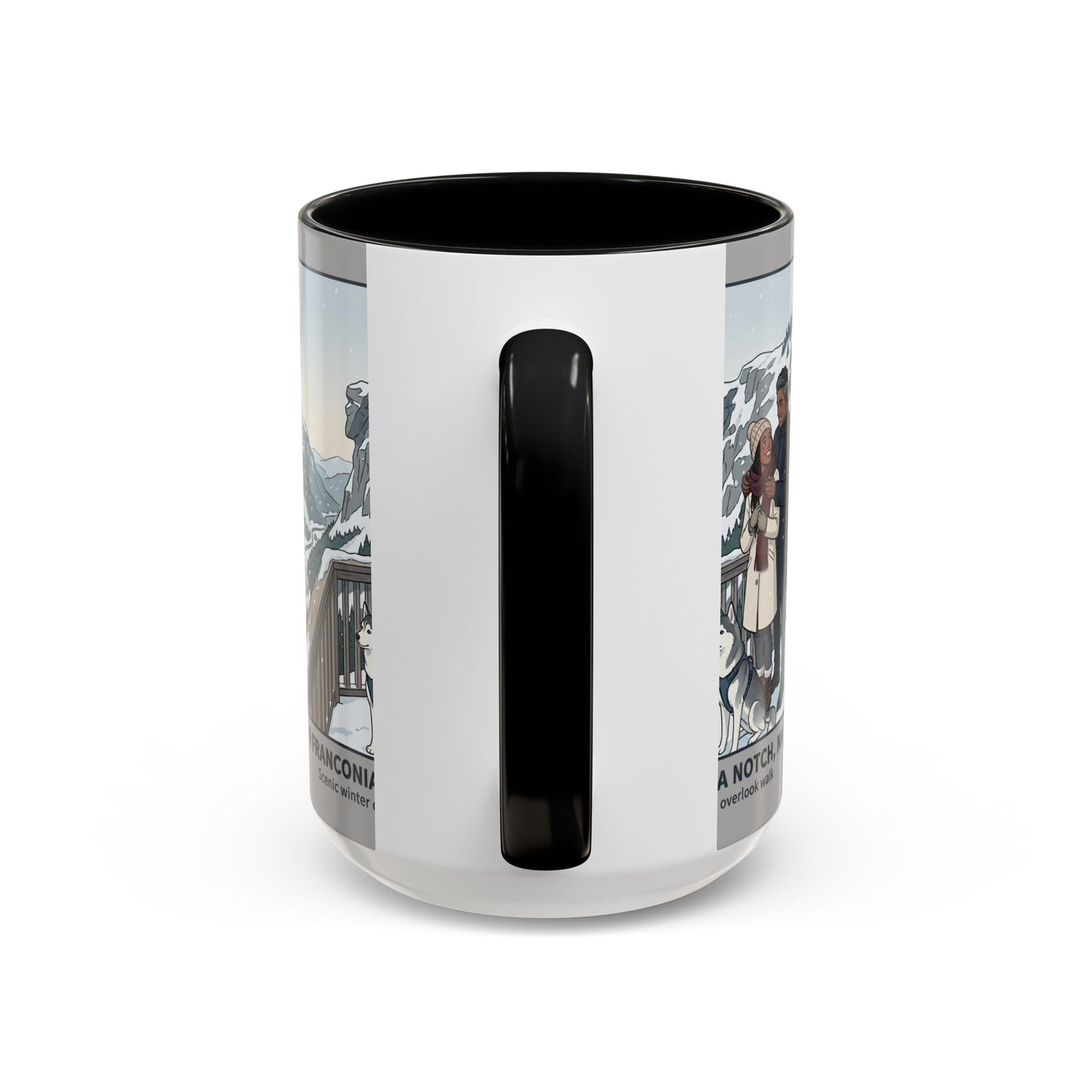 Franconia Notch Scenic Winter Mug — Couples & Dog Snowy Overlook Coffee Cup (11/15oz)