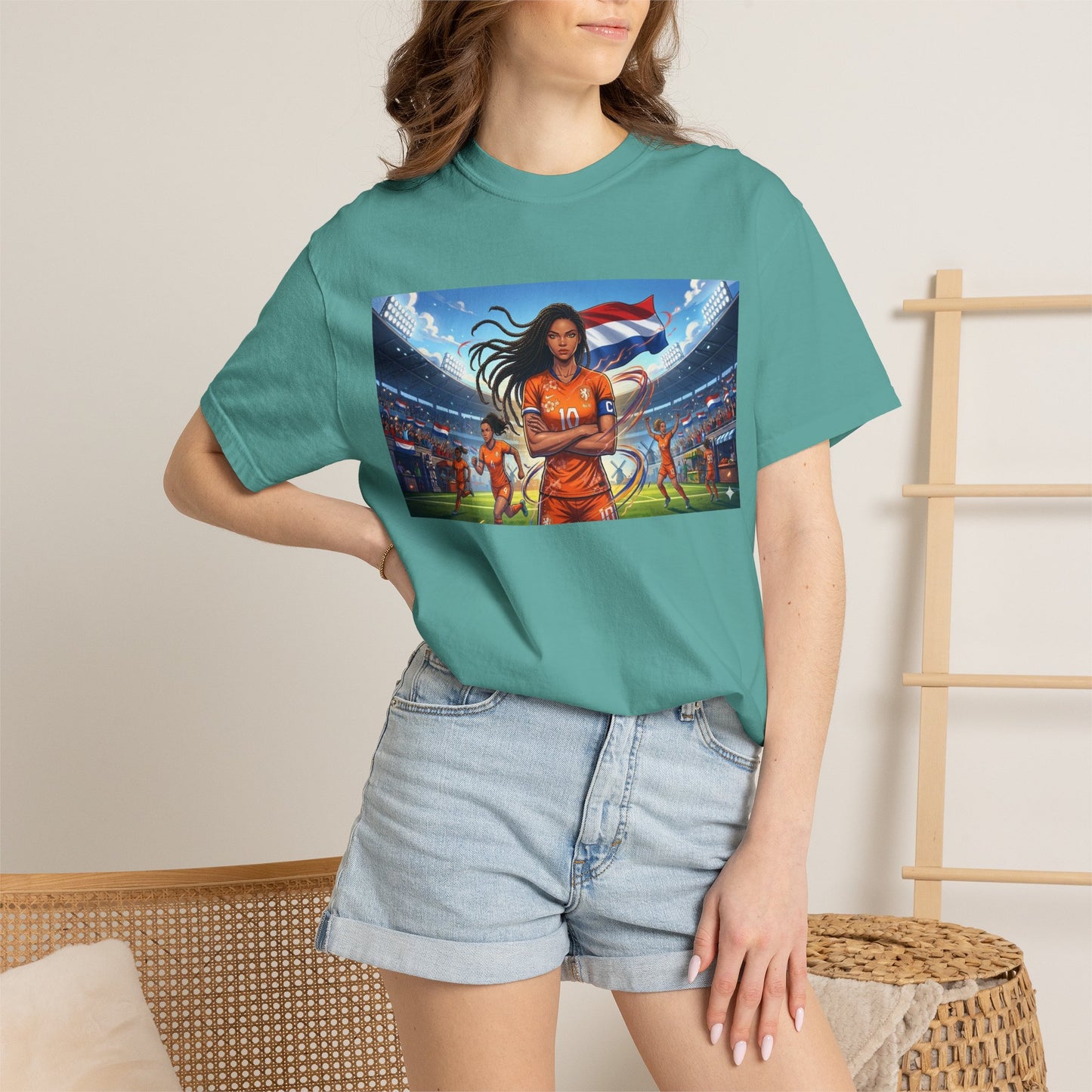 Soccer Warrior T-Shirt — Netherlands Female Captain with Flag Stadium Graphic
