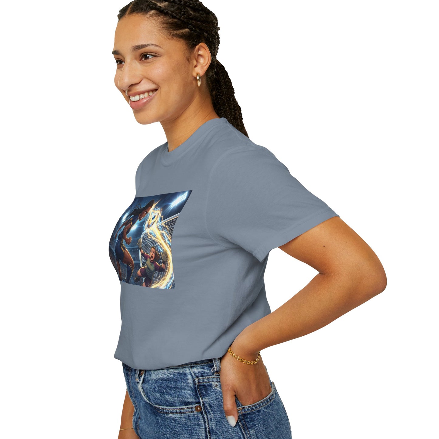 Soccer Duel Graphic T-Shirt — Futuristic Goalkeeper vs Striker Stadium Print
