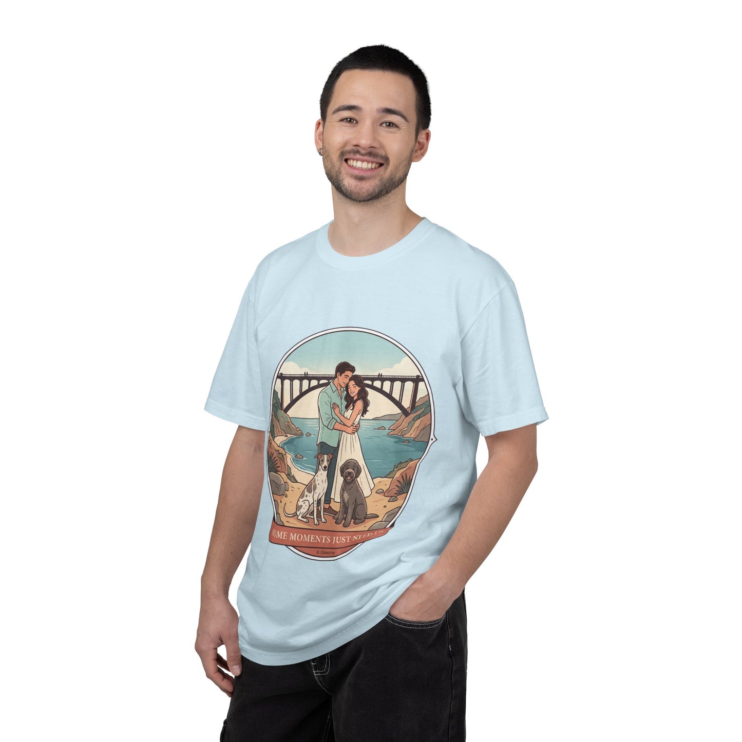 T-Shirt — Romantic Coastal Couples Tee “Some Moments Are Forever” with Dogs