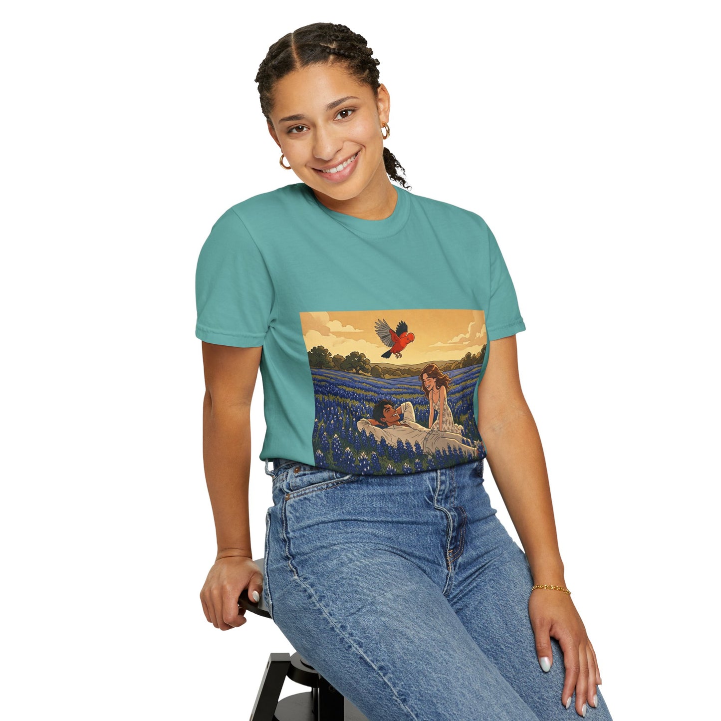 Romantic Bluebonnet Field T-Shirt — Couple in Wildflower Meadow Art Tee