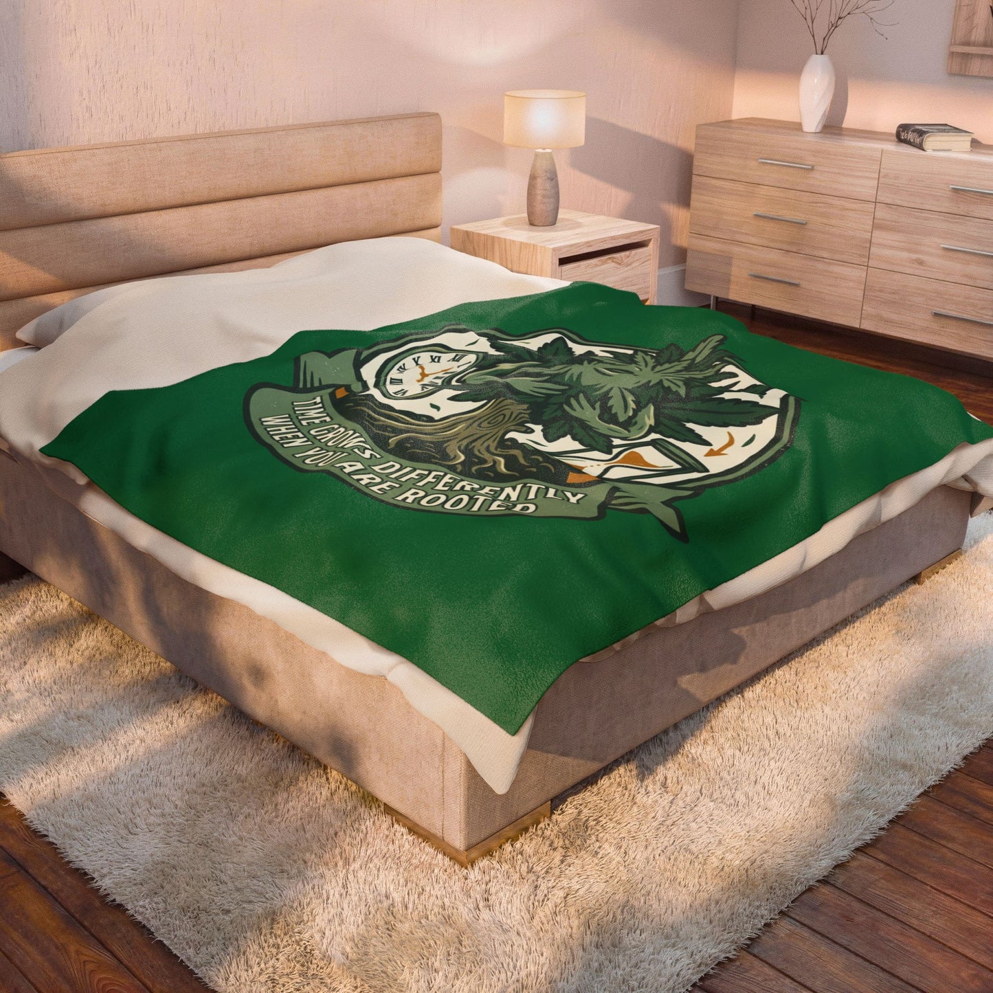 Velveteen Plush Blanket — “Time Grows Differently When You Are Rooted” Cozy Botanical Tree of Life Throw