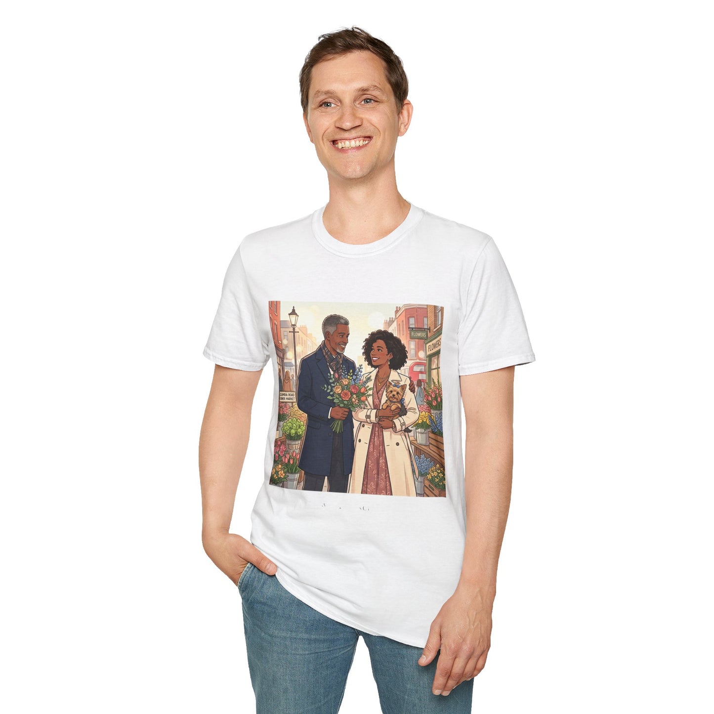 Romantic City Stroll T-Shirt — Couple Bouquet Illustration