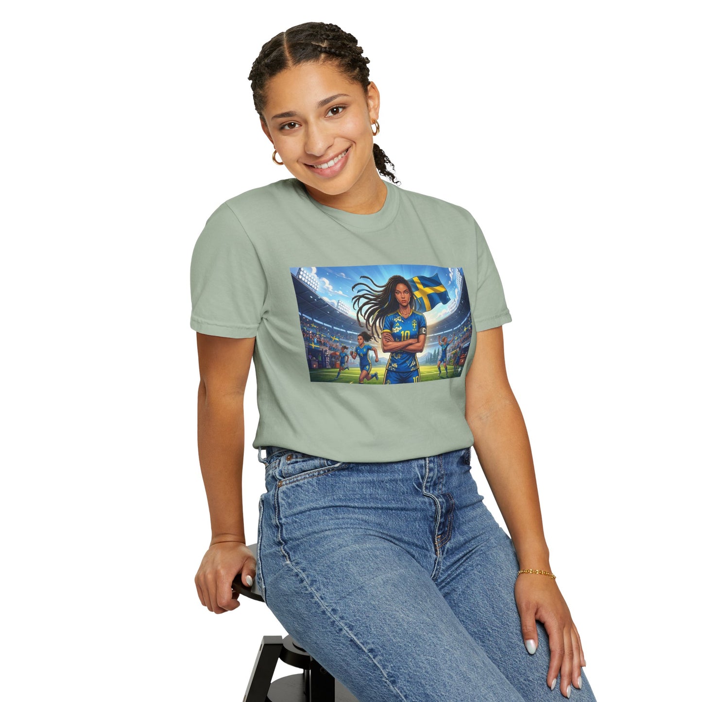 Swedish Soccer Pride T-Shirt — Female Footballer with Flag Stadium Design