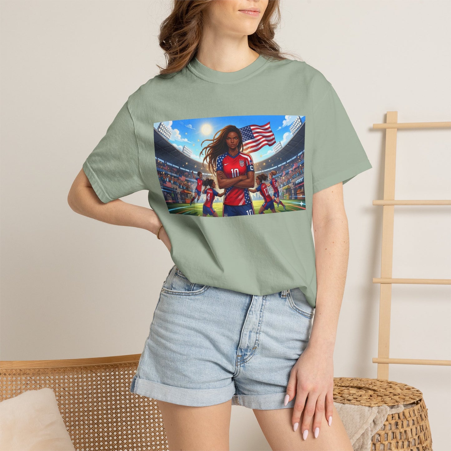 Soccer Mom USA T-Shirt — Female Soccer Player with American Flag Stadium Graphic