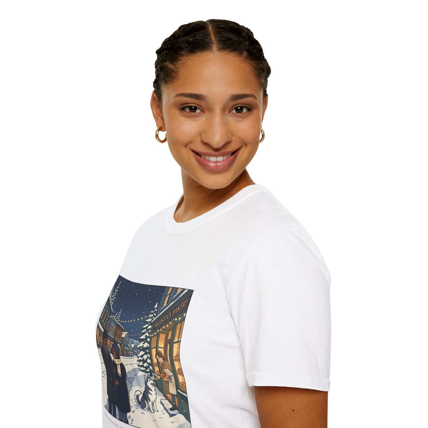 Winter String Lights Stroll T-Shirt — Cozy Holiday Street Scene Graphic Tee