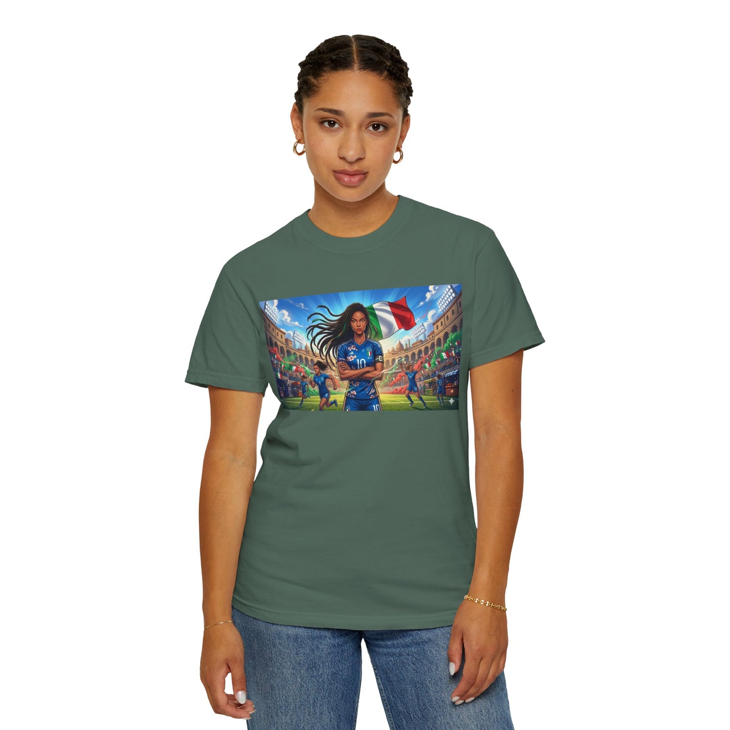 Italian Soccer Fan T‑Shirt – Inspirational Female Player with Italy Flag Stadium Print