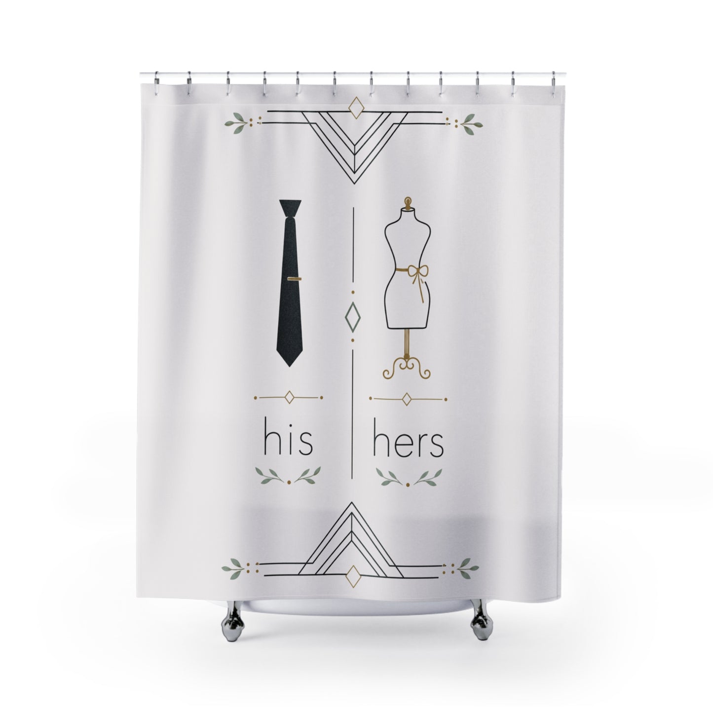 His & Hers Minimalist Shower Curtain — Tie & Dress Form Art Deco Bathroom Decor