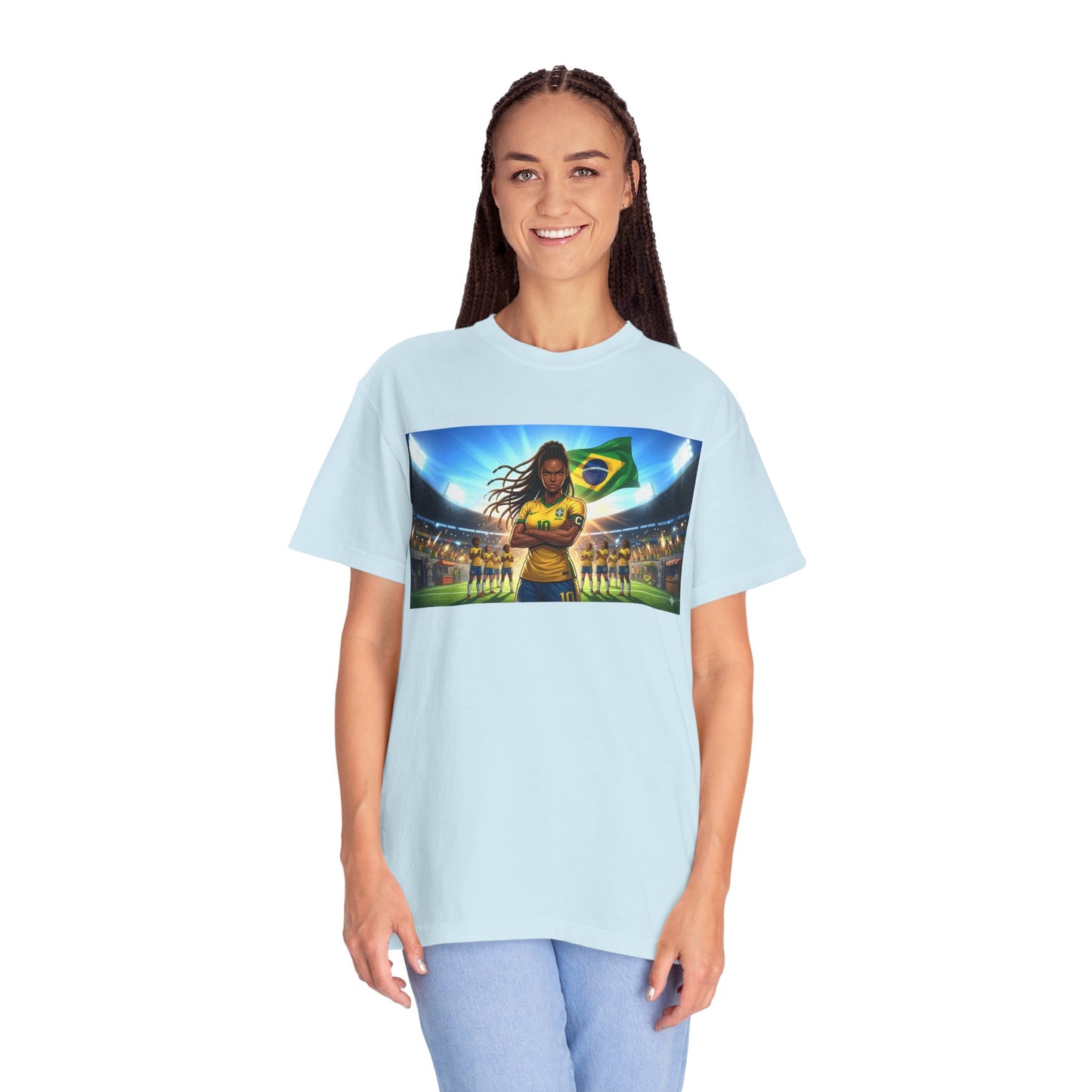 Brazil Soccer Captain T-Shirt — Player Holding Ball with Brazilian Flag Stadium Graphic