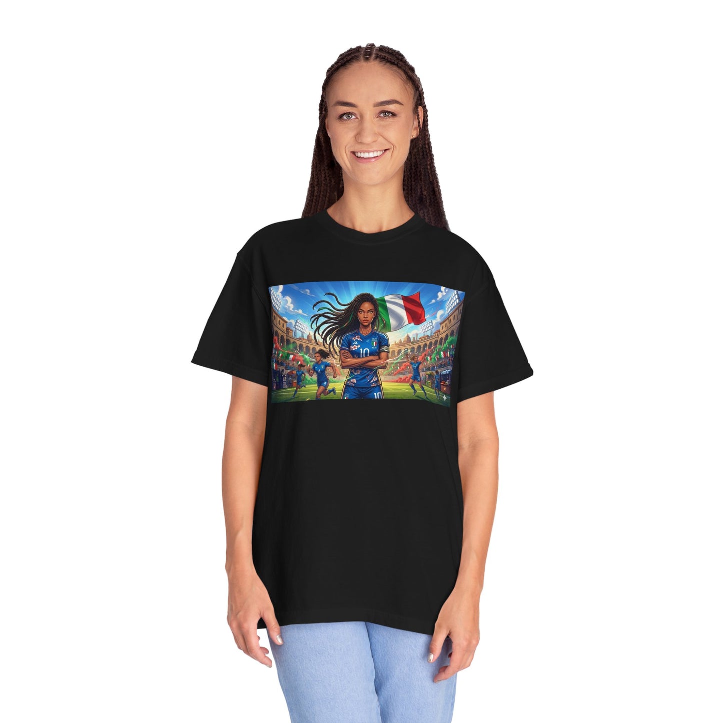 Italian Soccer Fan T‑Shirt – Inspirational Female Player with Italy Flag Stadium Print