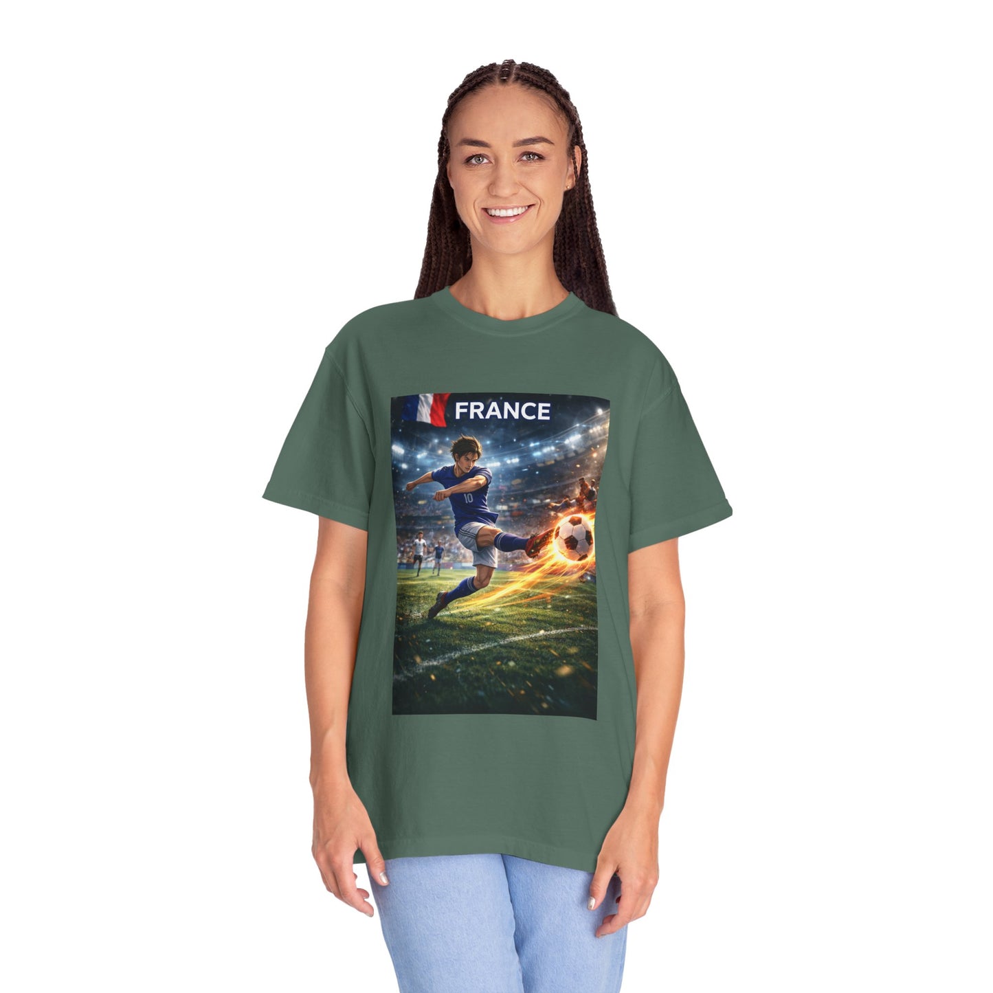 France Soccer Player Graphic T-Shirt — Football Kick Stadium Design