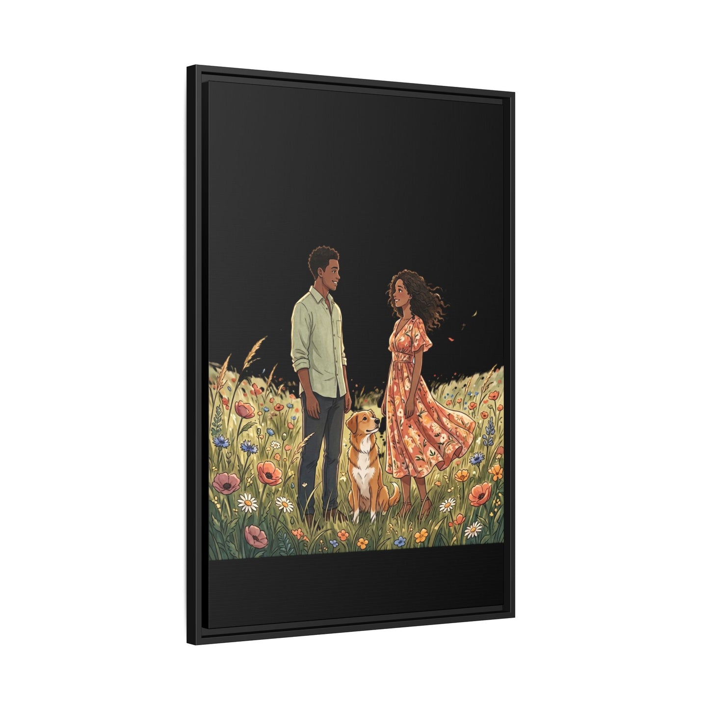 Framed Matte Canvas Print — Romantic Couple in Wildflower Field (Multi‑Color)