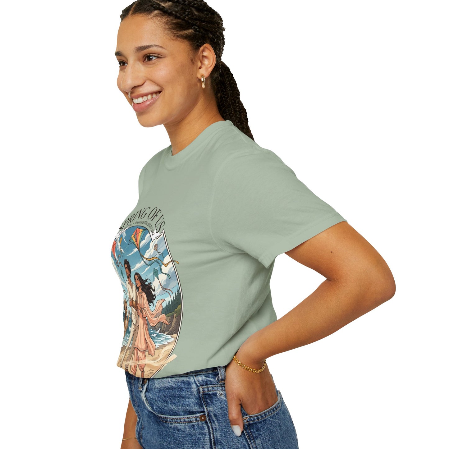 Spring of Us T-Shirt — Romantic Beach Couple Illustration with Dog