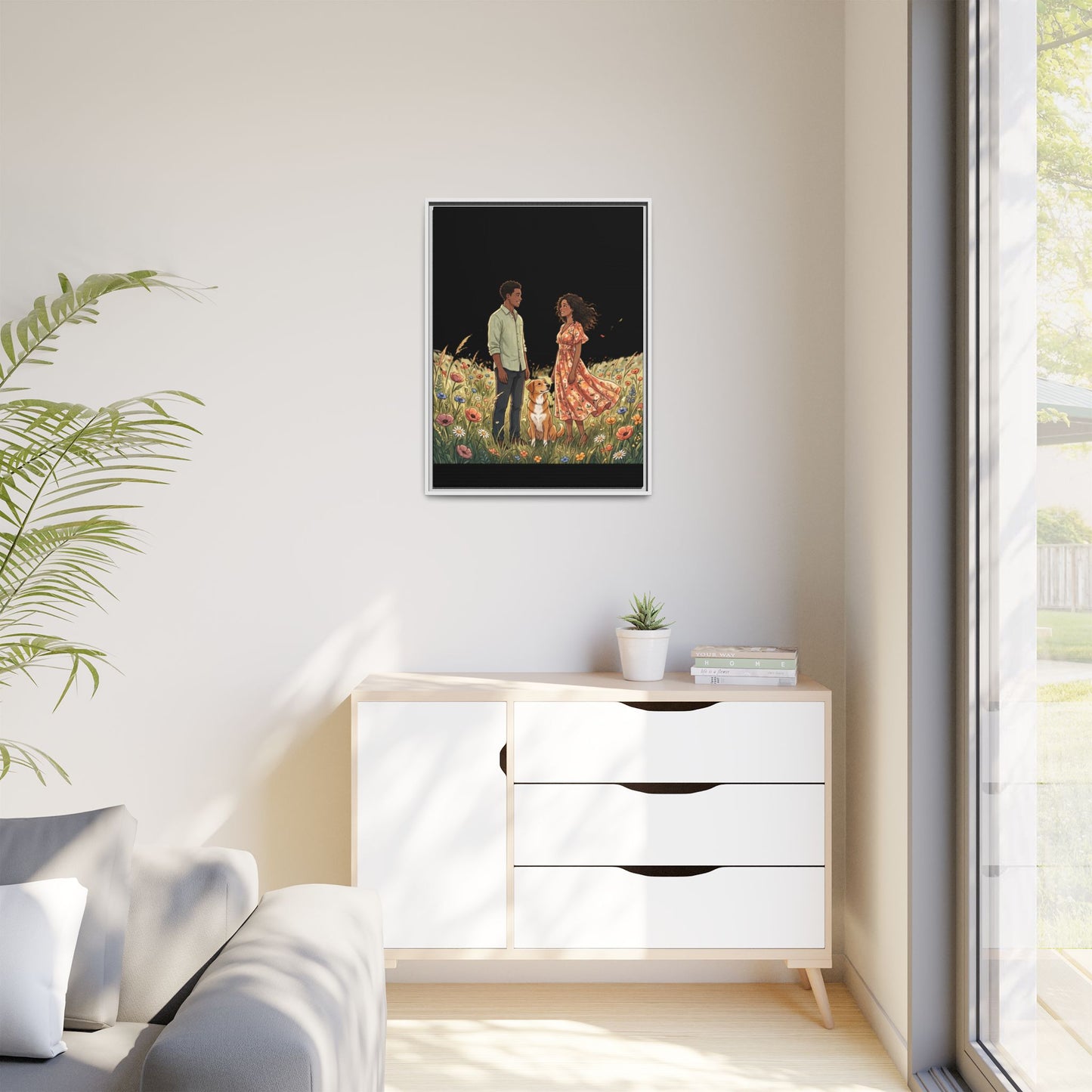 Framed Matte Canvas Print — Romantic Couple in Wildflower Field (Multi‑Color)