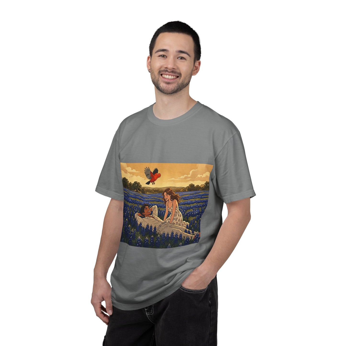 Romantic Bluebonnet Field T-Shirt — Couple in Wildflower Meadow Art Tee