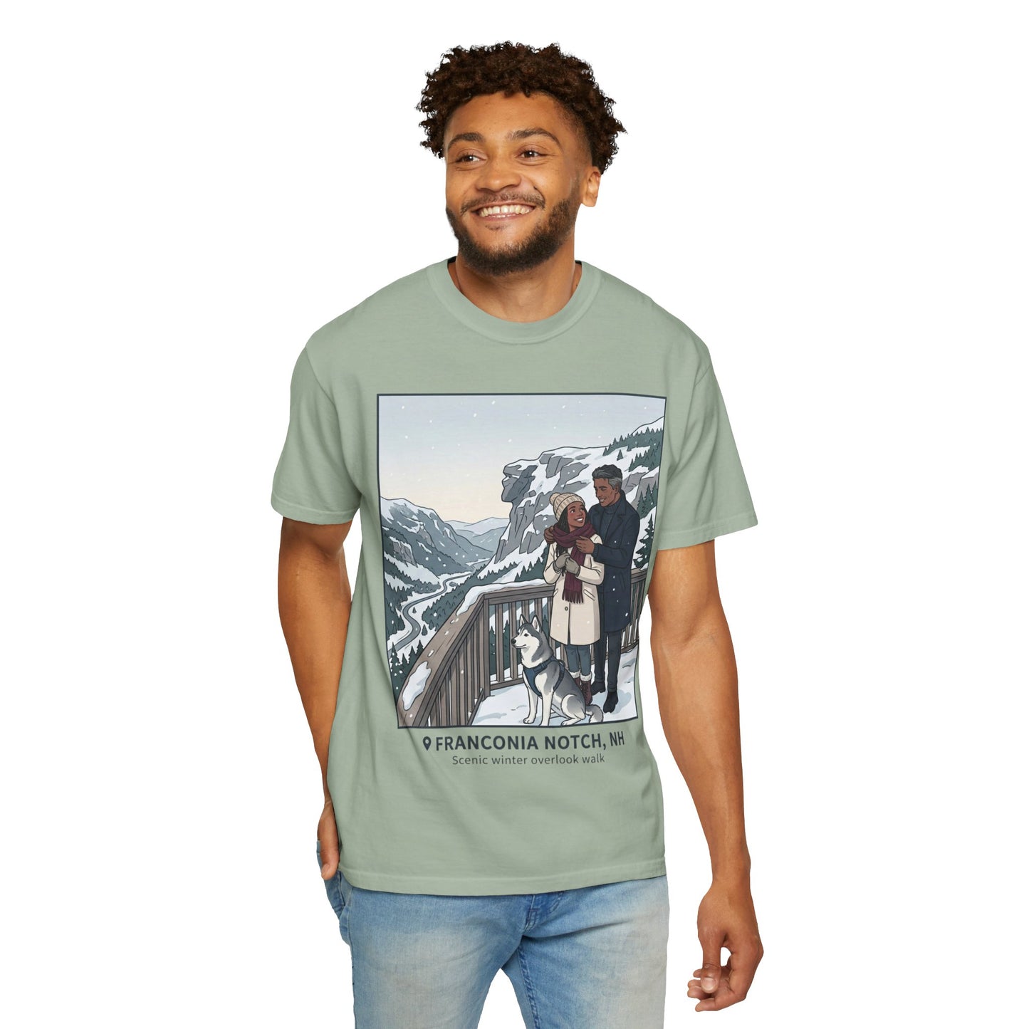 Franconia Notch NH Winter View T-Shirt — Scenic Couple & Husky Travel Tee