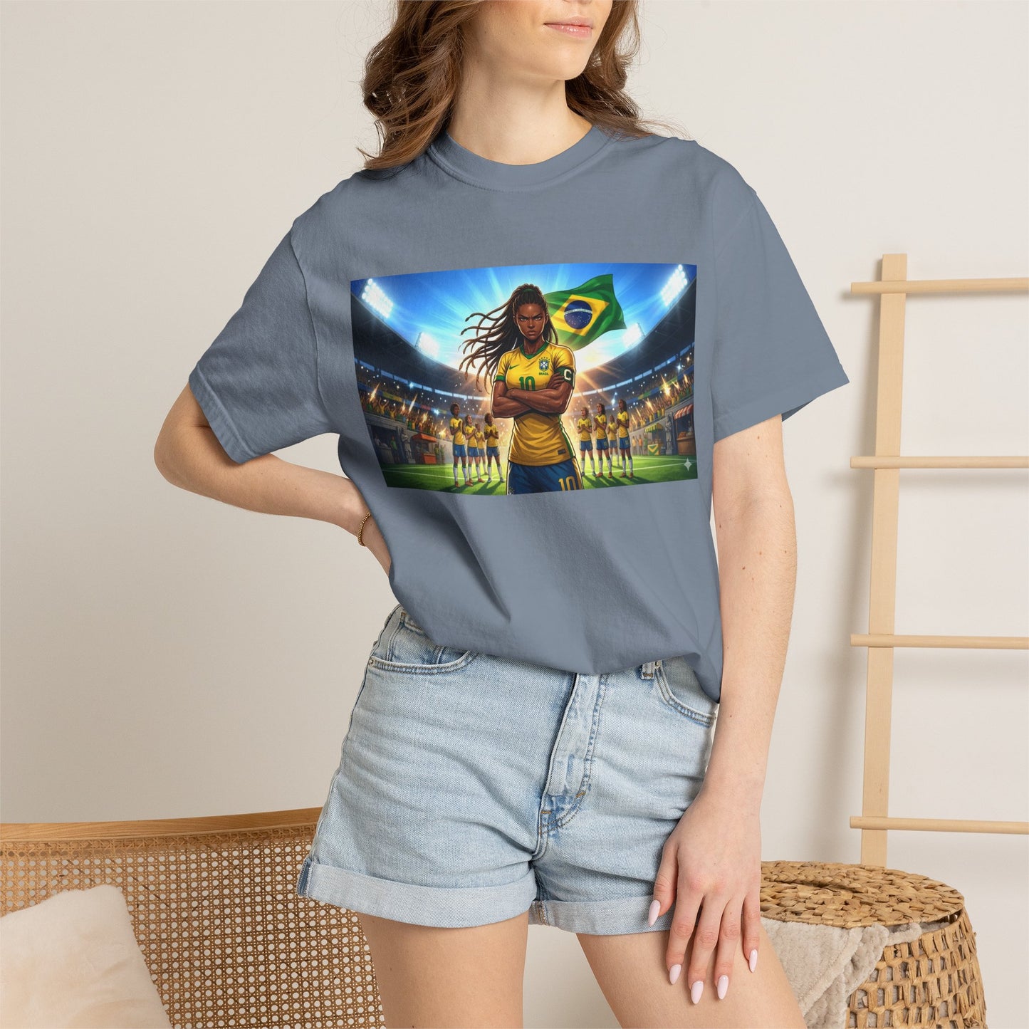 Brazil Soccer Captain T-Shirt — Player Holding Ball with Brazilian Flag Stadium Graphic